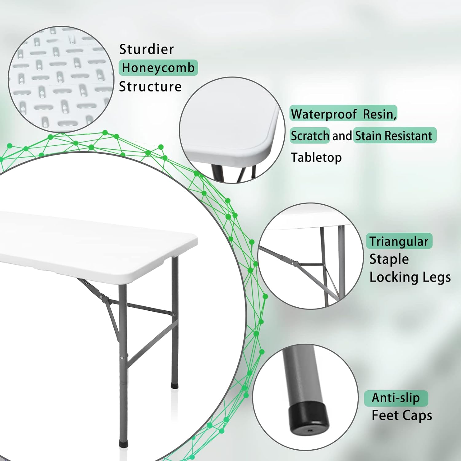 HQTrailTrekker Mesa plegable portátil de plástico de 4 pies, mesa de comedor plegable por la mitad, mesa plegable resistente para interiores y