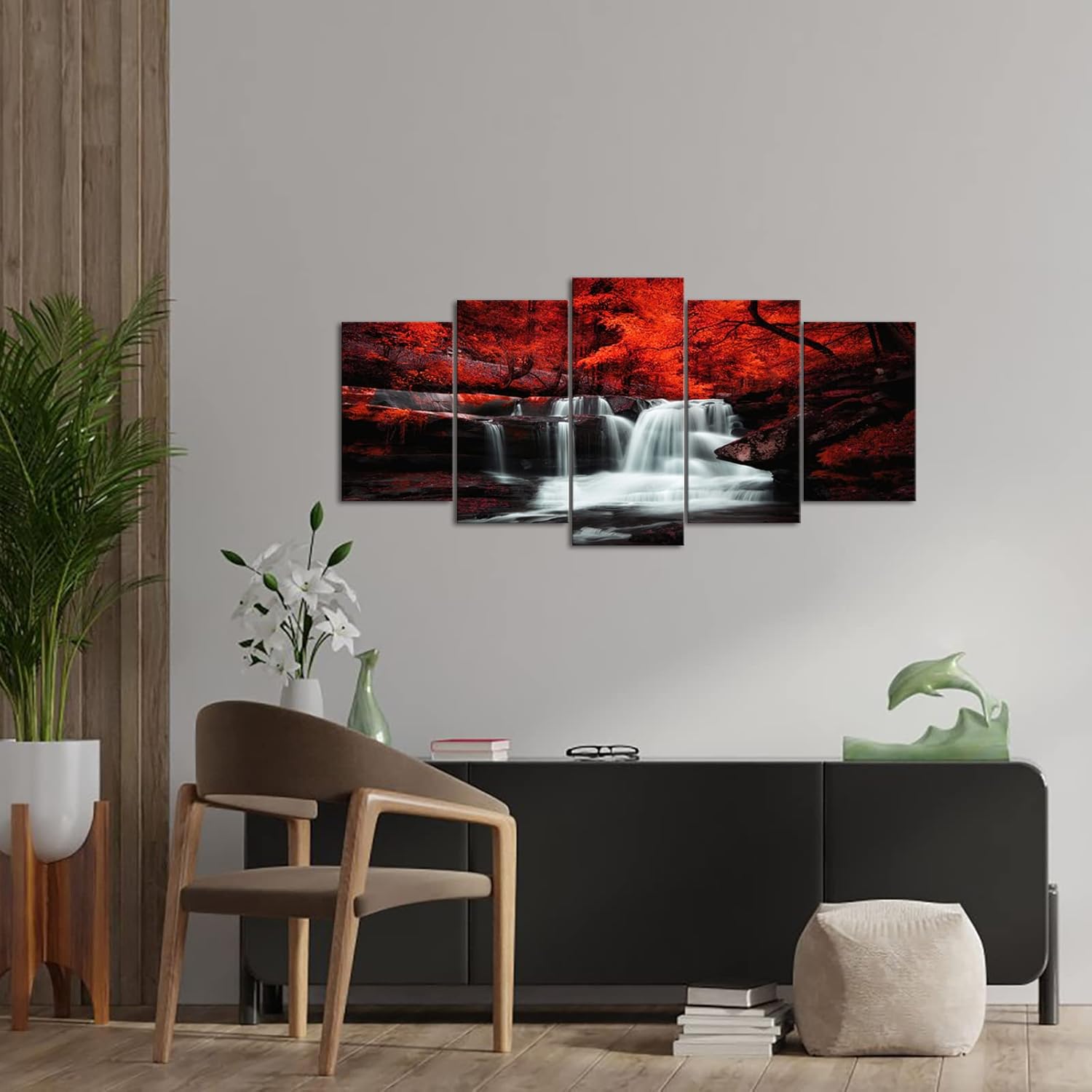 LevvArts Arte de pared blanco y negro, 5 piezas de bosque de árbol rojo, cascada, lienzo impreso en lienzo de otoño pinturas de paisaje enmarcadas