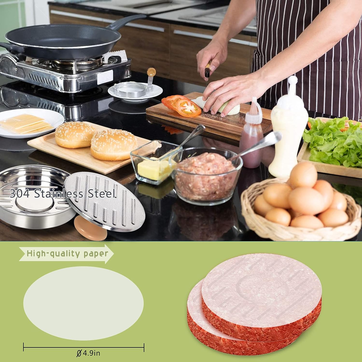 DSTHISAR Prensa de hamburguesas, prensa de hamburguesas de acero inoxidable de 5 pulgadas, prensa antiadherente para hacer hamburguesas, para asar y