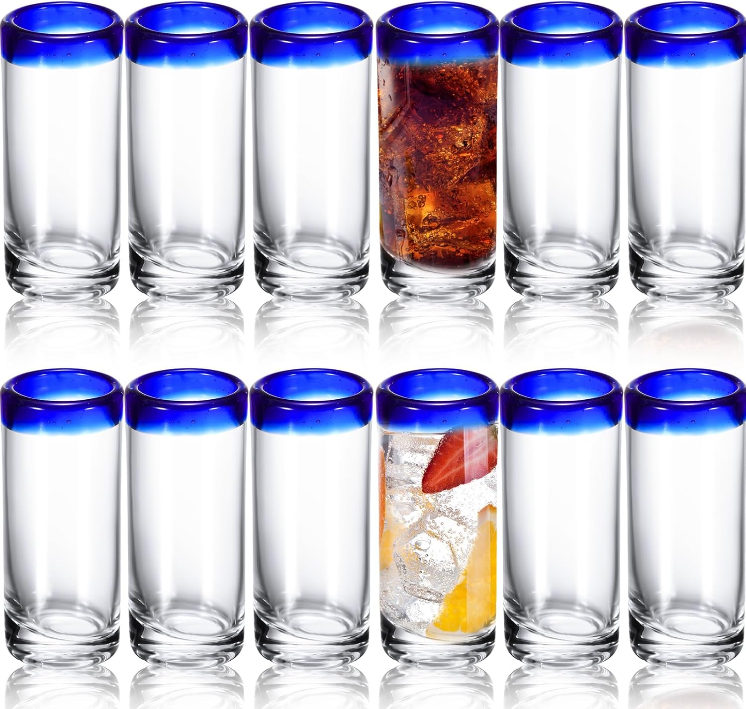 Paquete de 12 vasos de chupito de tequila con borde de cobalto azul de 2 onzas, estilo mexicano, mini copas de vino transparentes a granel, vasos
