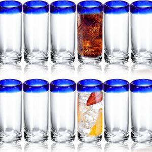 Paquete de 12 vasos de chupito de tequila con borde de cobalto azul de 2 onzas, estilo mexicano, mini copas de vino transparentes a granel, vasos Paquete de 12 vasos de chupito de tequila con borde de cobalto azul de 2 onzas, estilo mexicano, mini copas de vino transparentes a granel, vasos