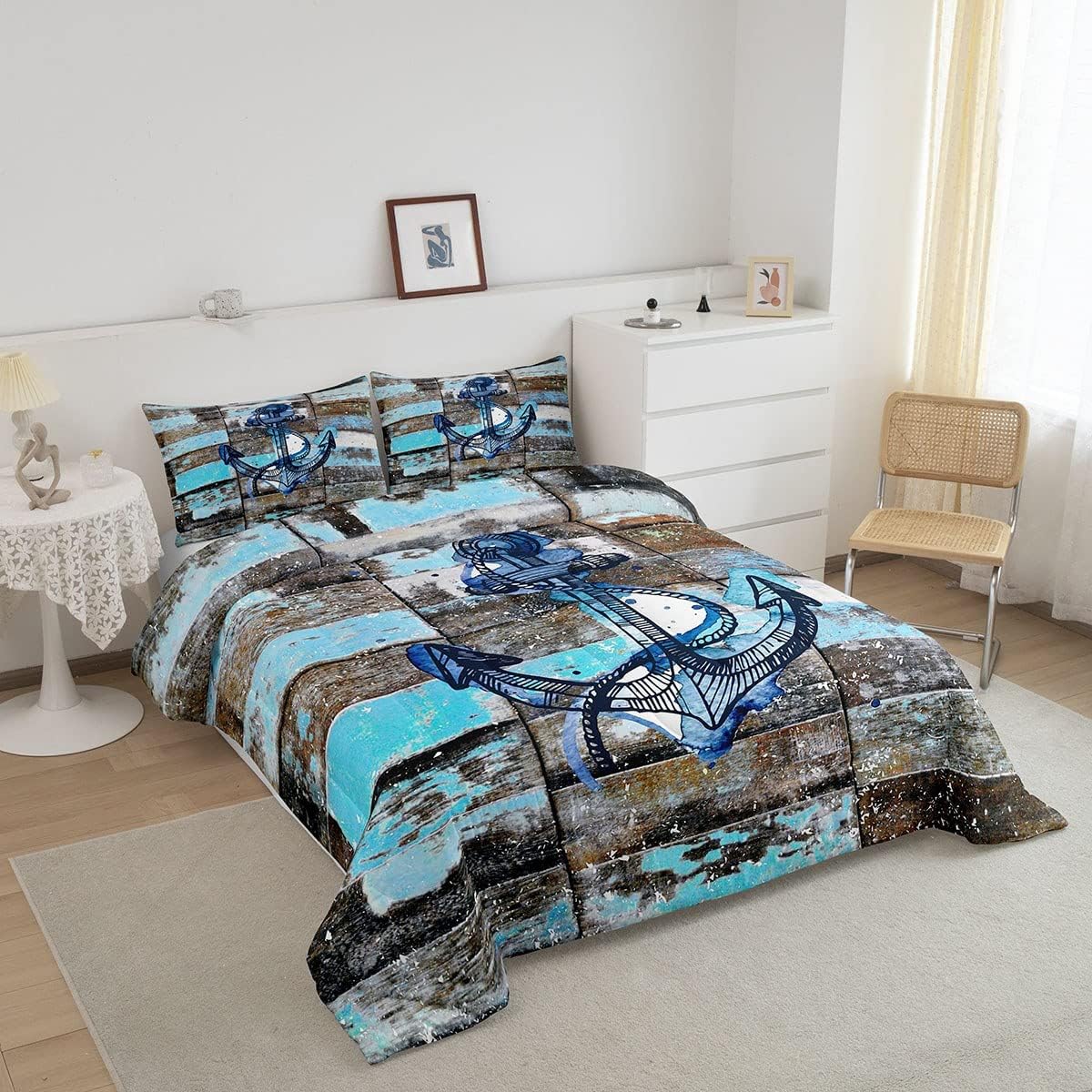 Navigation Anchor – Juego de edredón de 2 piezas, tamaño individual, ropa de cama con temática oceánica azul, regalo para niños y niñas, dormitorio