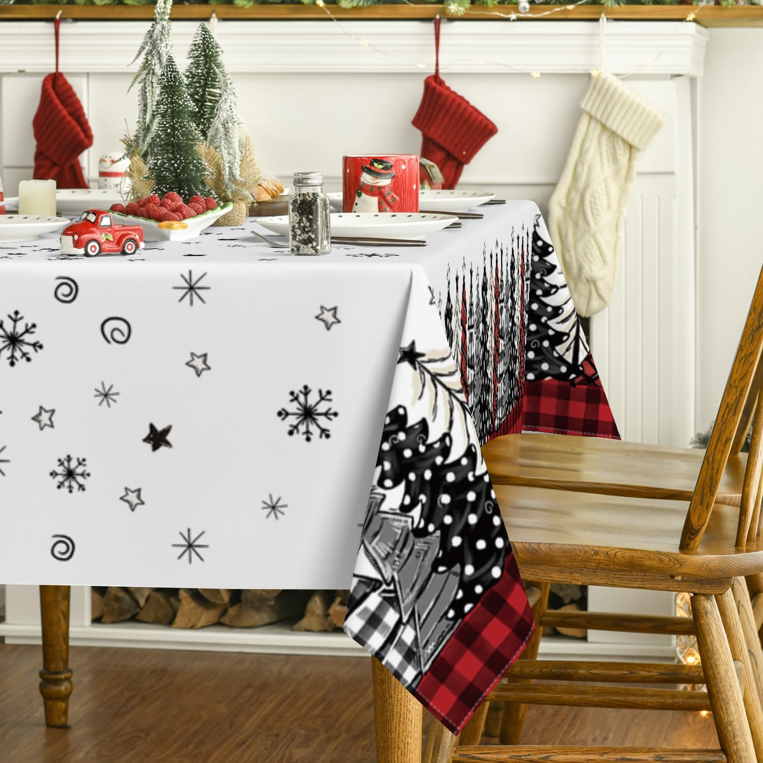 Horaldaily Mantel de Navidad de 60 x 84 pulgadas, diseño de árboles de Navidad a cuadros rojos, lavable, para decoración de fiestas, pícnic, cenas