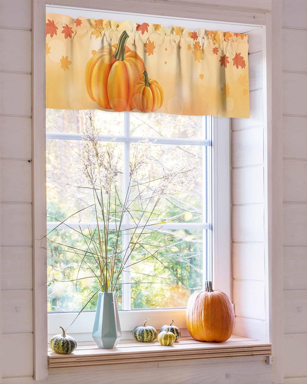Cenefas de cortina de calabaza de otoño para ventanas, hojas de arce de Acción de Gracias, cenefa con bolsillo para barra, cortinas de ventana