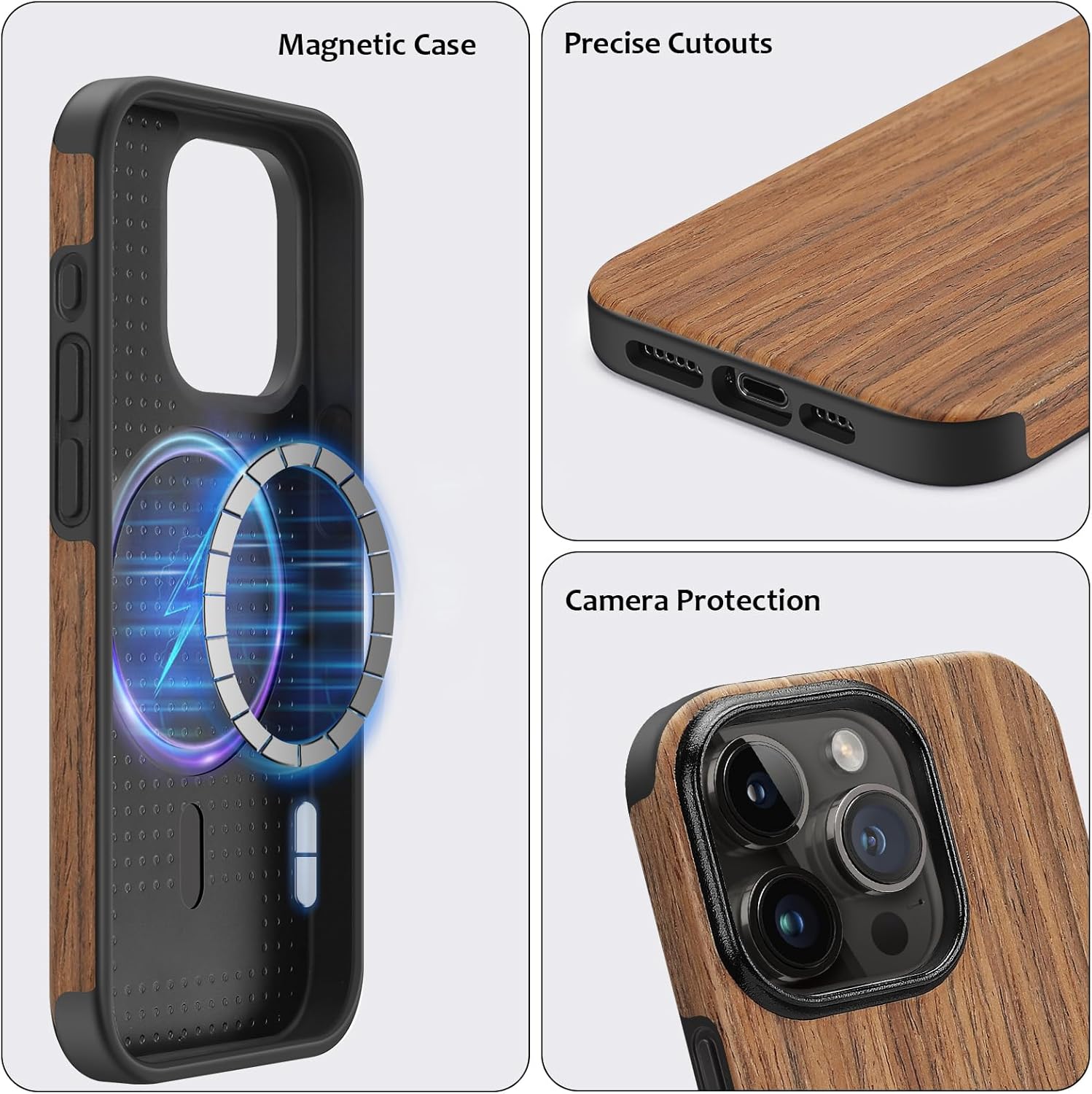 ZZDZZ Funda magnética compatible con iPhone 15 Pro Max compatible con Magsafe diseño de grano de madera TPU híbrida a prueba de golpes (sándalo rojo)