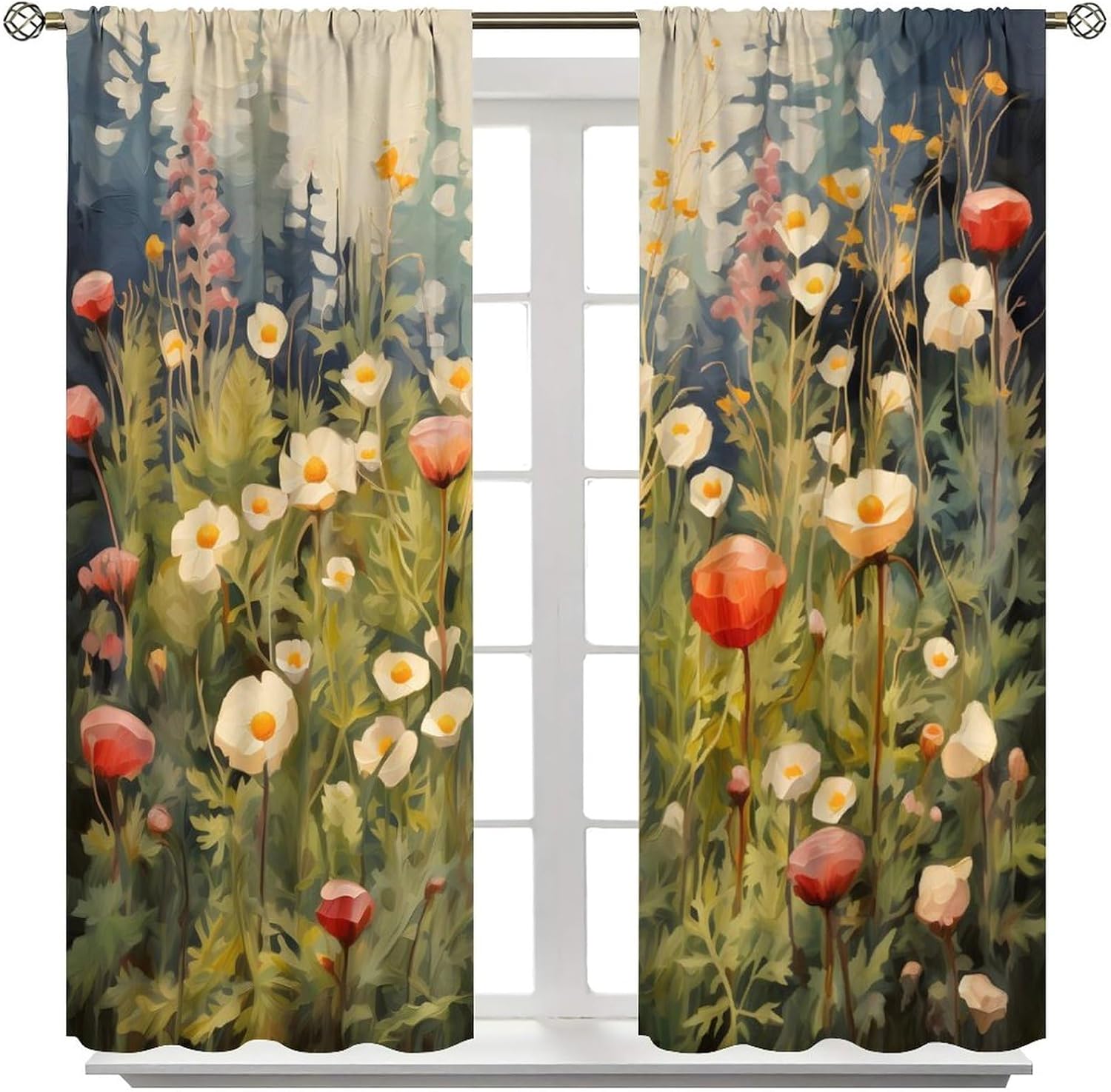 Cortinas florales, panel de cortina de flores silvestres de acuarela para primavera y verano, cortinas de ventana de plantas naturales con ojales