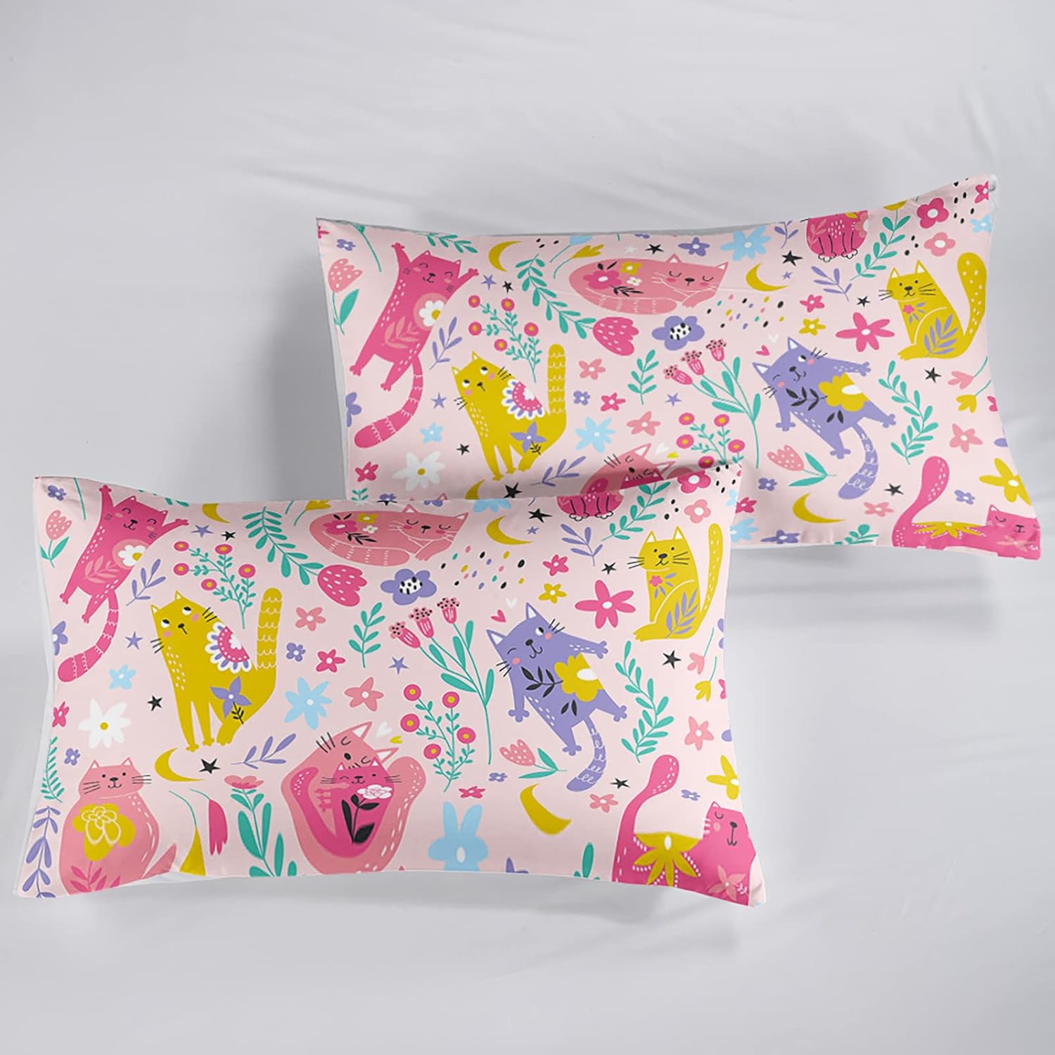 QOOMO Juego de edredón floral de gato tamaño Queen, juego de edredón de gato rosa para niños, adolescentes y niñas, juego de ropa de cama de 3