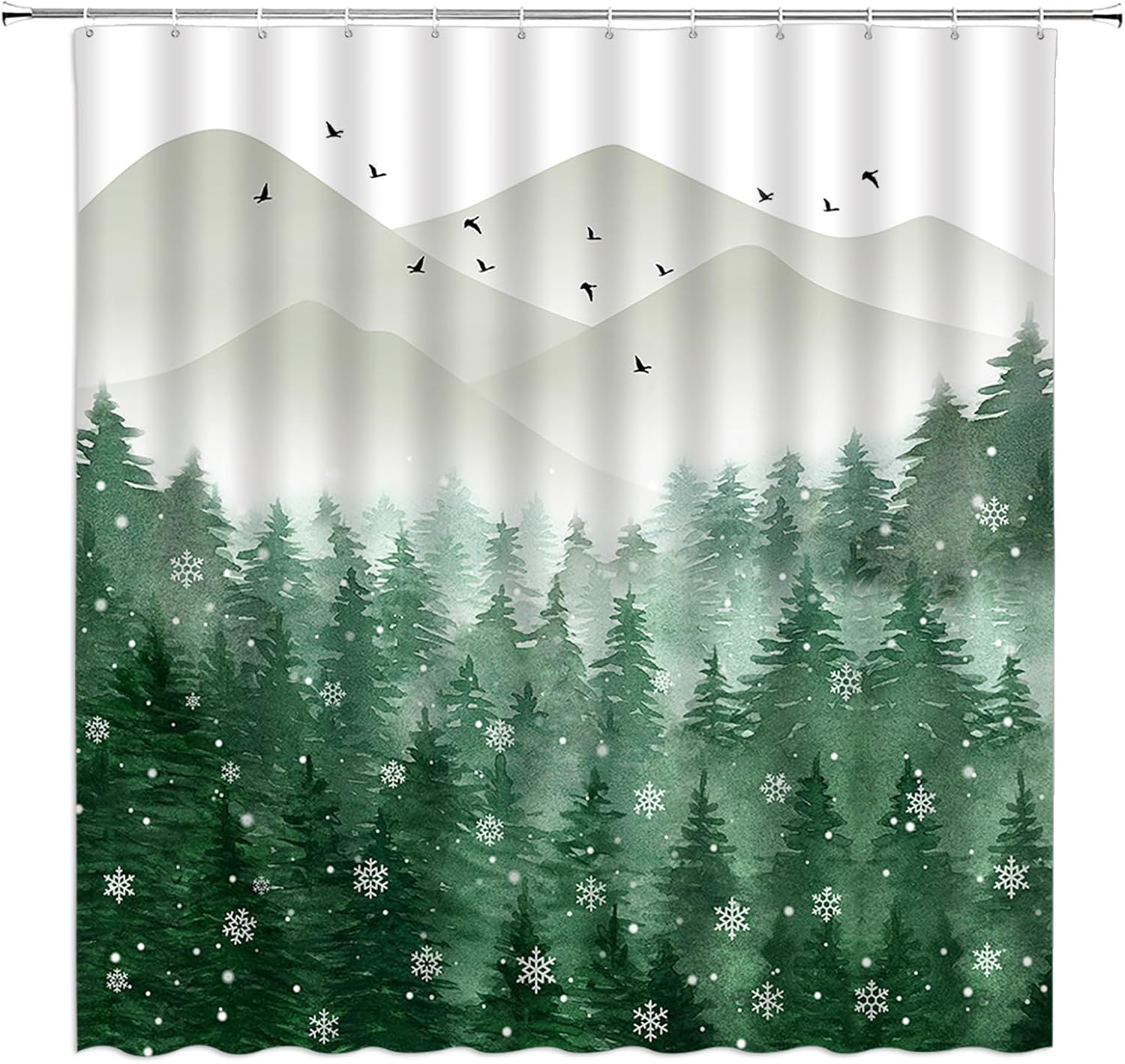 Cortina de ducha de bosque brumoso, pino, acuarela, abstracta, niebla, montaña, verde, vegetal, rústico, misterioso, naturaleza, paisaje, decoración