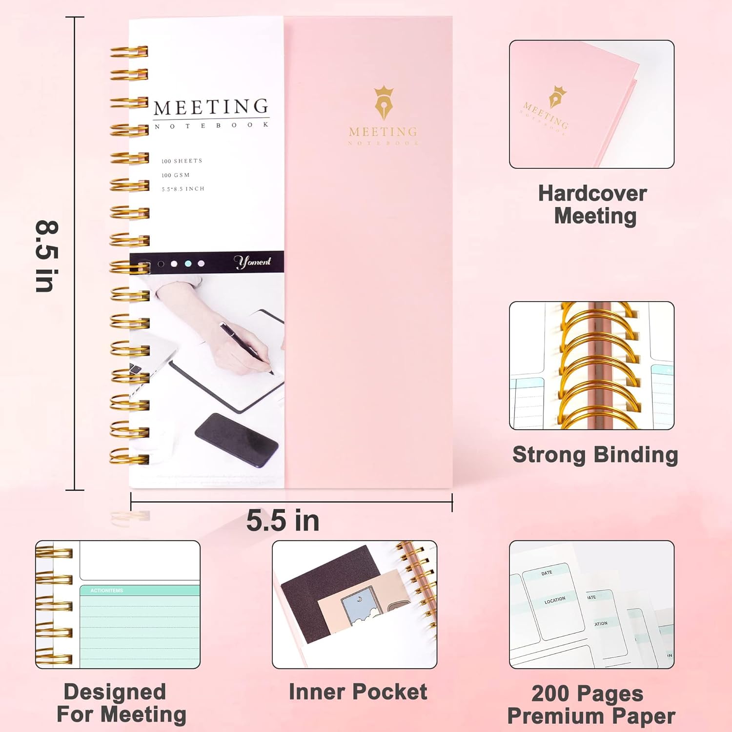 Cuaderno de reuniones para el trabajo con artículos de acción de 5.5 x 8.5 pulgadas, planificador de reuniones en espiral de tapa dura para oficina,