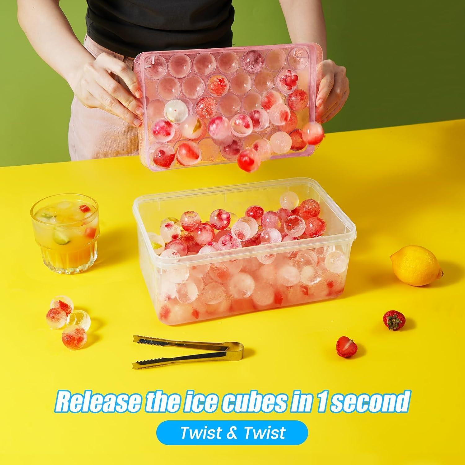 PHINOX – Bandeja redonda para cubitos de hielo con tapa y contenedor, bandejas de hielo redondas para congelador, bandejas de hielo para hacer