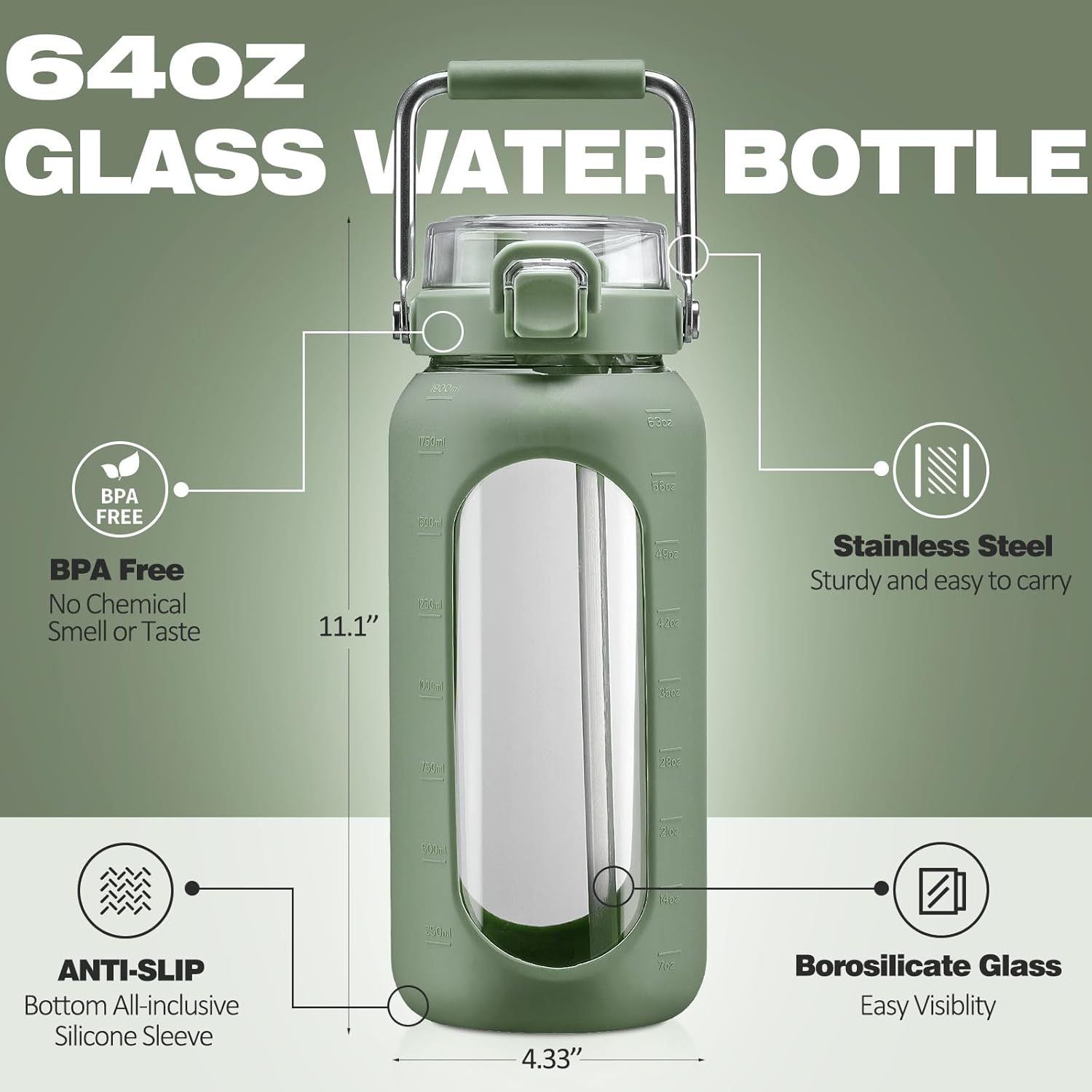 Botella de agua de vidrio de 64 onzas, botella de agua potable de vidrio con popote y mango de acero inoxidable, botella de agua motivacional de