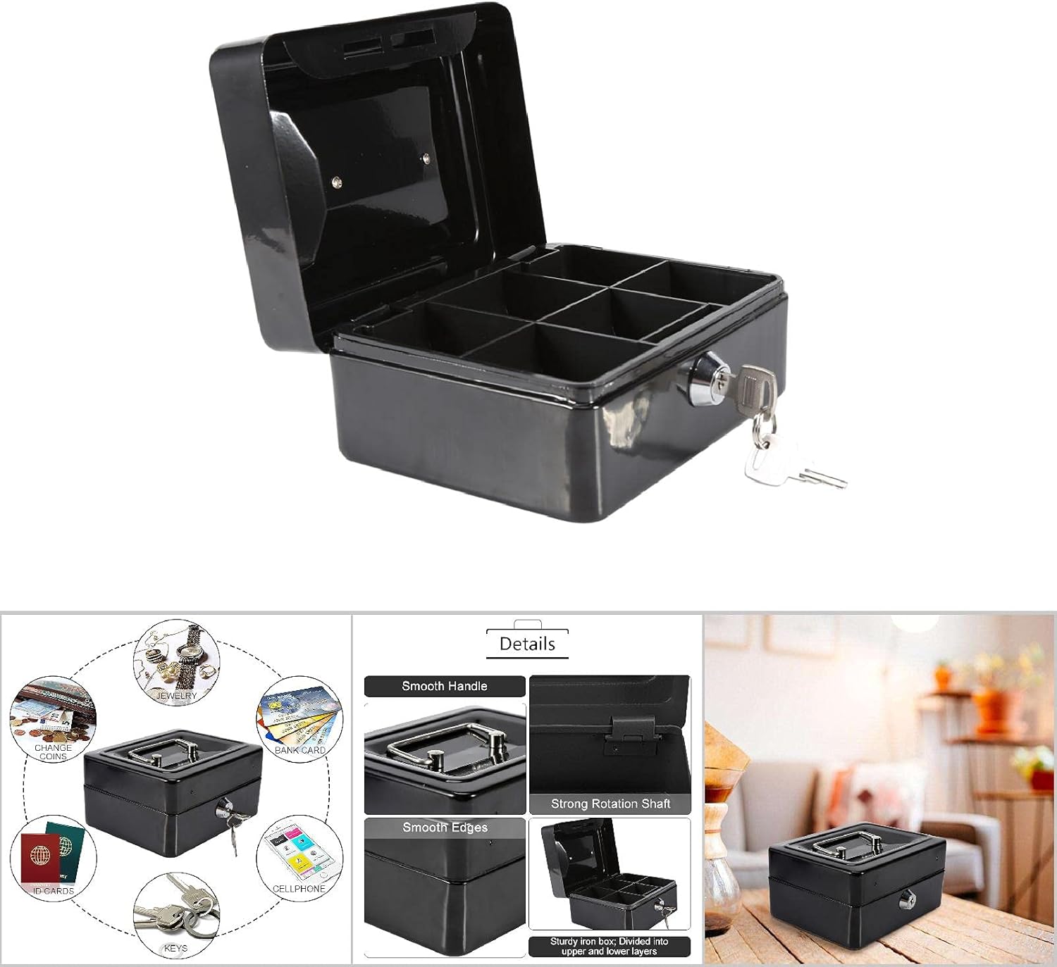 Caja fuerte y con cerradura, mini cajas fuertes pequeñas con caja de seguridad negra, caja de seguridad con cerradura para dinero en efectivo y
