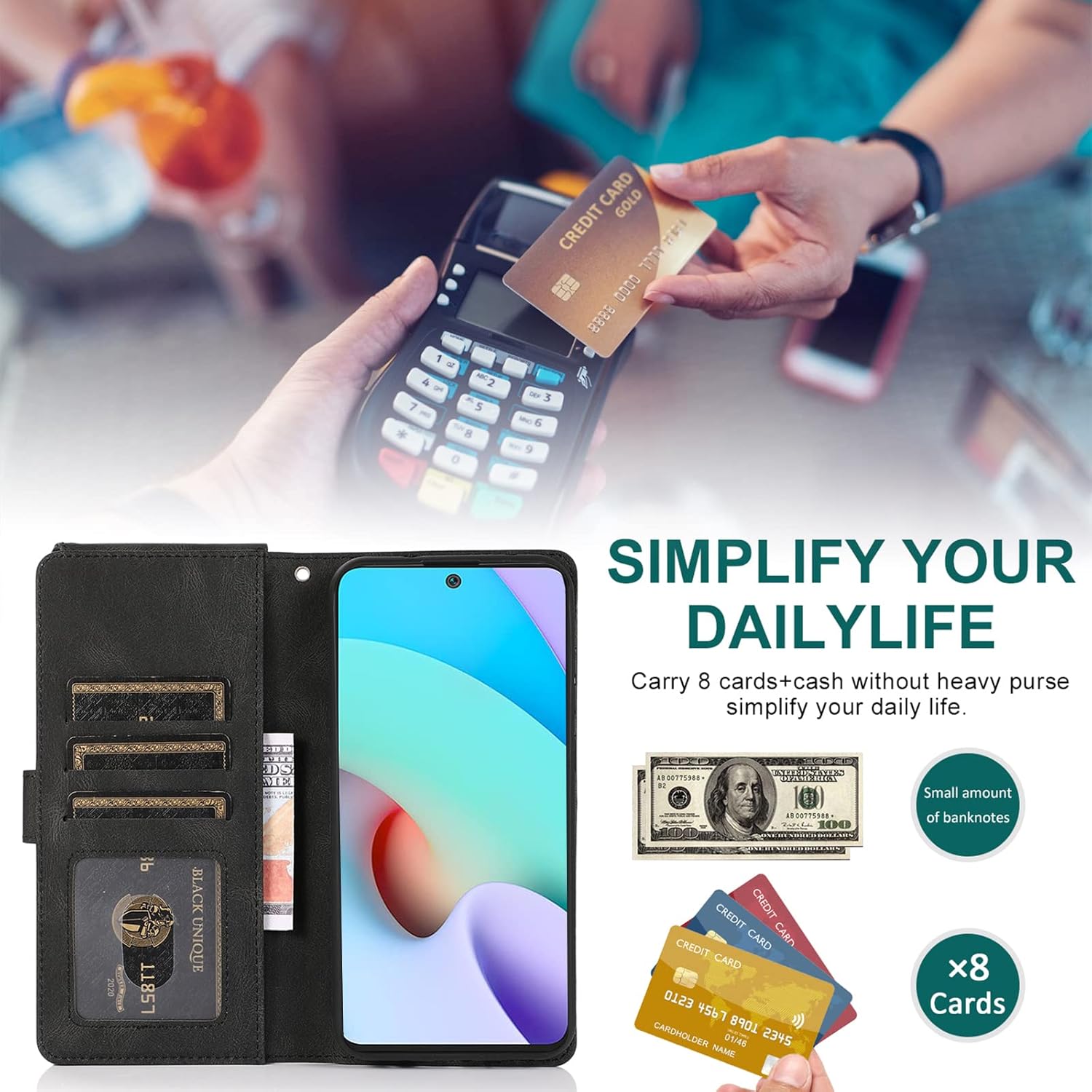 Asuwish Compatible con Xiaomi Redmi 10Redmi10 Prime – Funda tipo cartera de vidrio templado, protector de pantalla con cremallera, funda de cuero