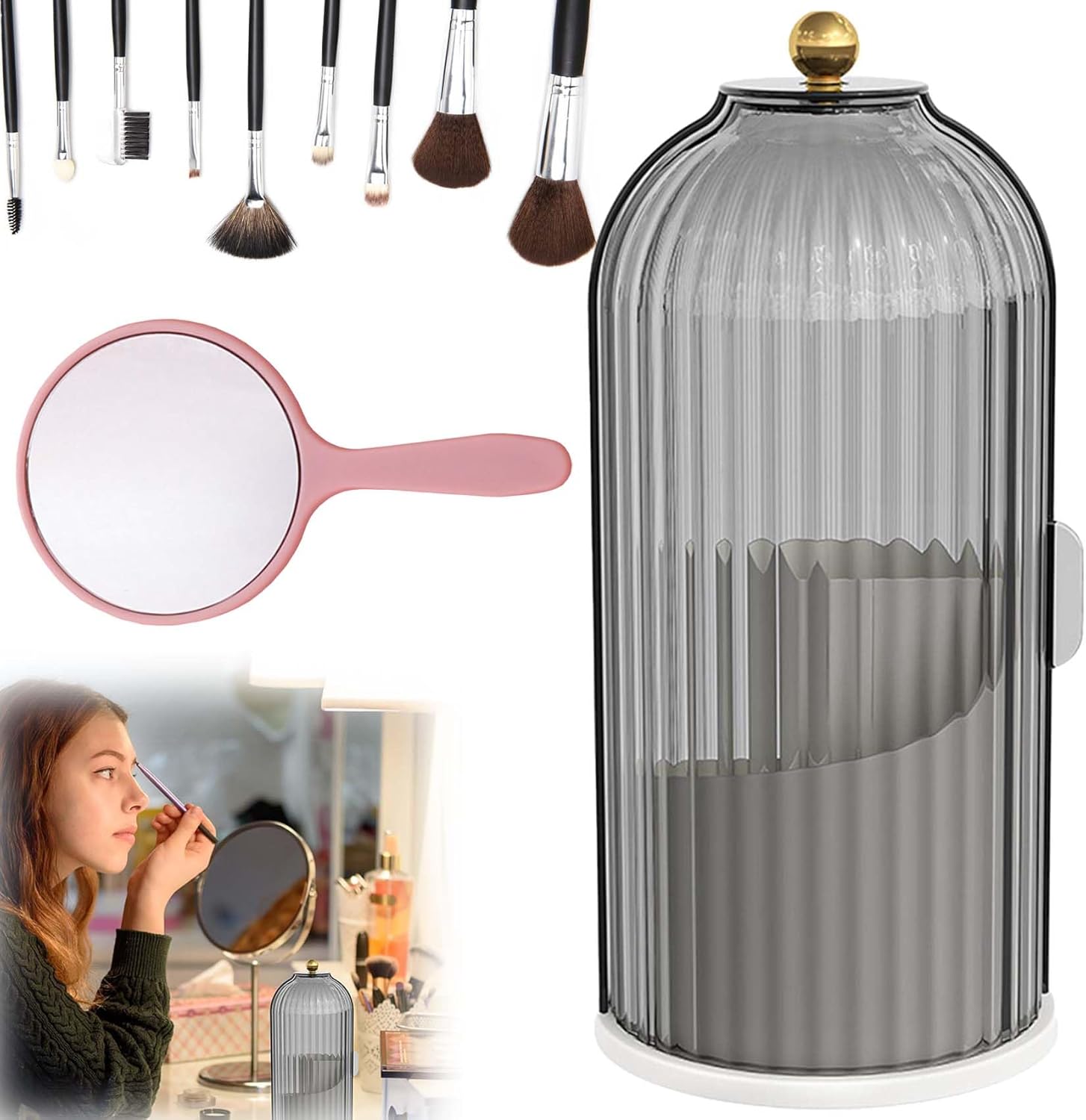 DASHENRAN Soulona – Organizador de maquillaje, elegante organizador de maquillaje giratorio de 360, organizador de brochas de maquillaje con tapa,