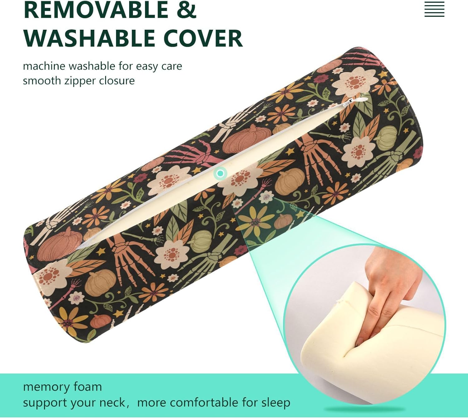 Almohada de almohada floral de huesos de Halloween para piernas, almohada de espuma para el cuello, almohada redonda, almohadas cilíndricas, soporte
