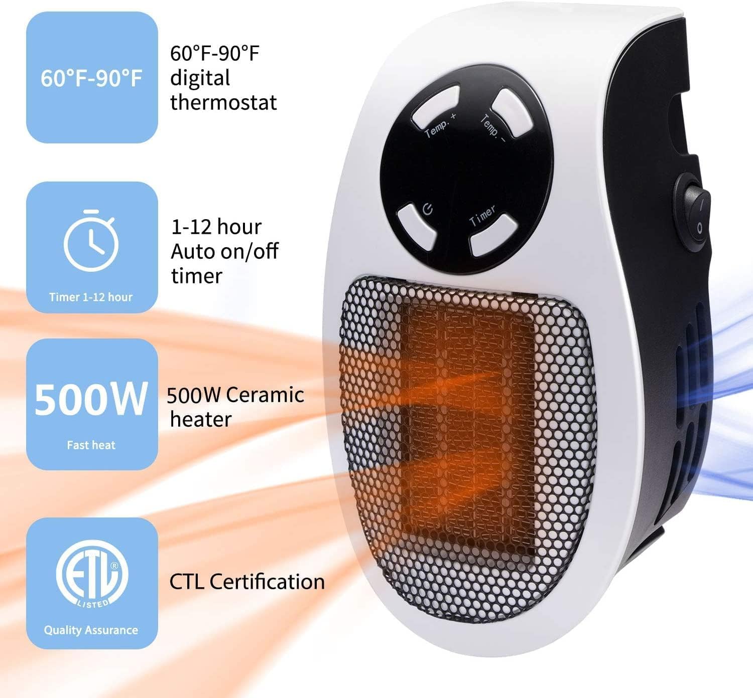 Calentador eléctrico inteligente de 500 W con termostato y temporizador ajustables, protección contra sobrecalentamiento, pantalla LED,
