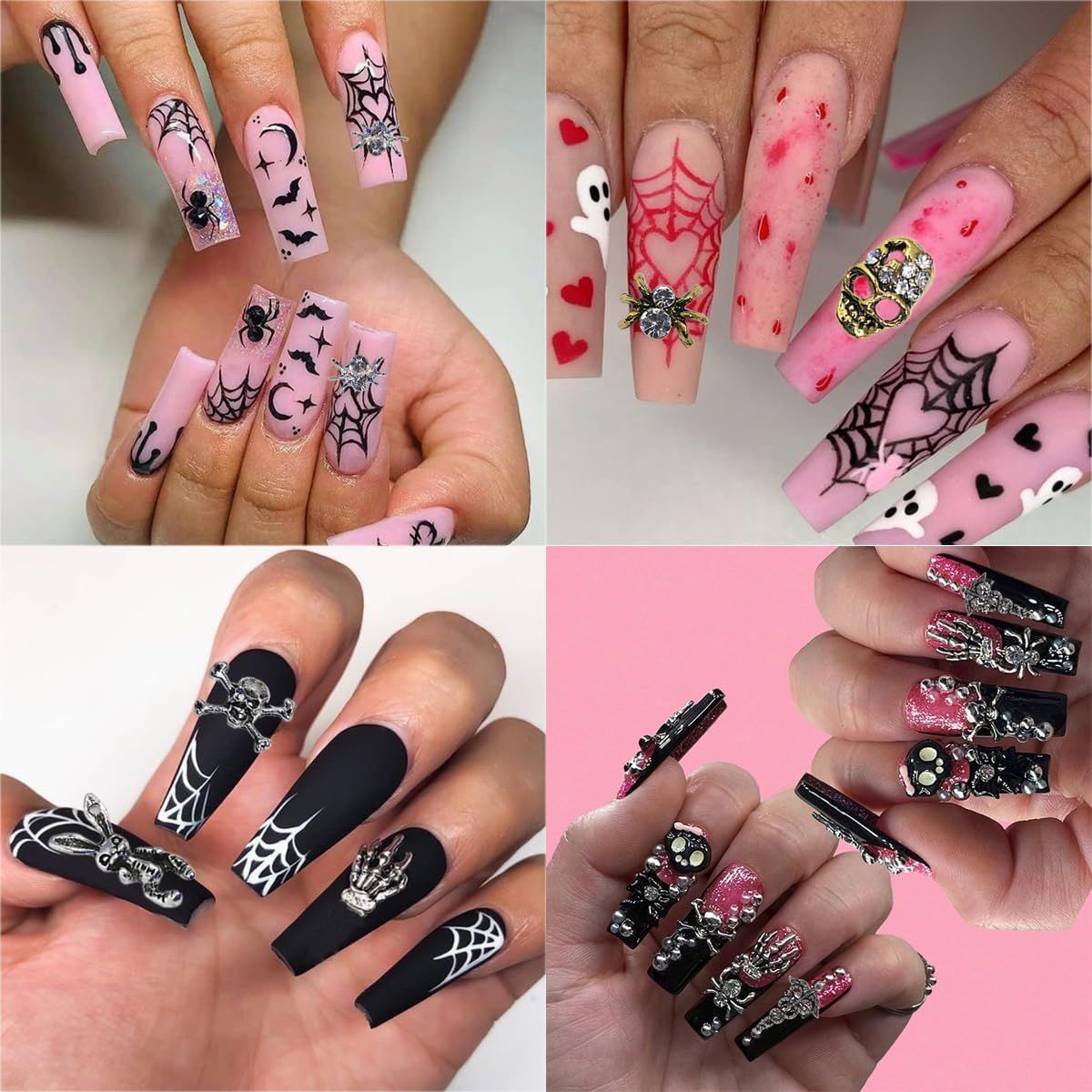20 dijes de uñas de Halloween 3D dorado y plateado para uñas, diamantes de imitación góticos de calavera esqueleto, mano, araña, joyería de uñas,