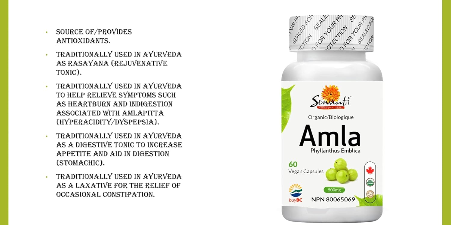Sewanti Organic Amla Anti oxidante & Cleansing Aid 60 cápsulas veganas de extracto de alta potencia, 500 mg