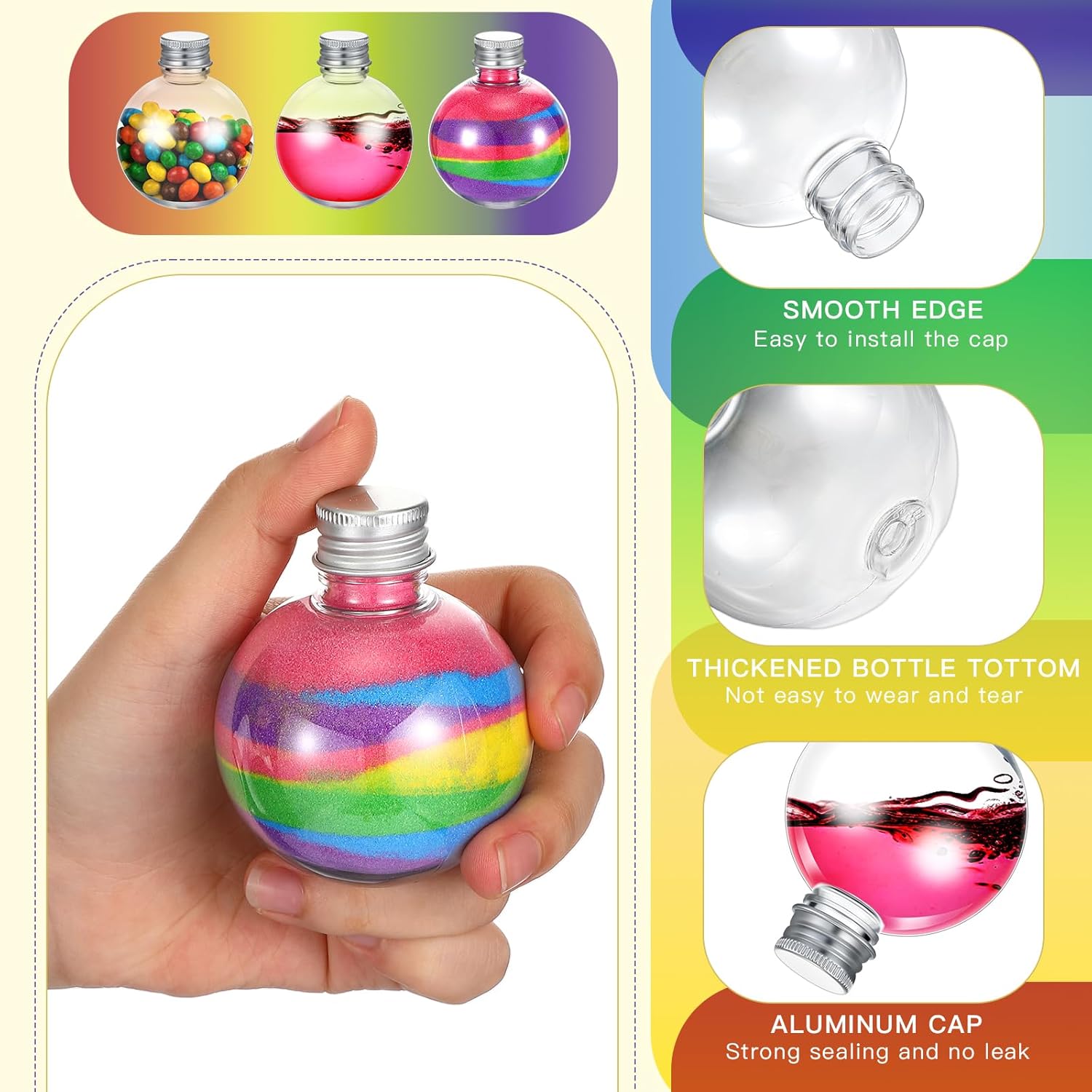 24 botellas esféricas de plástico con forma de bola, botellas redondas de arena de 3.4 onzas con 5 embudos, botella decorativa para dulces para San