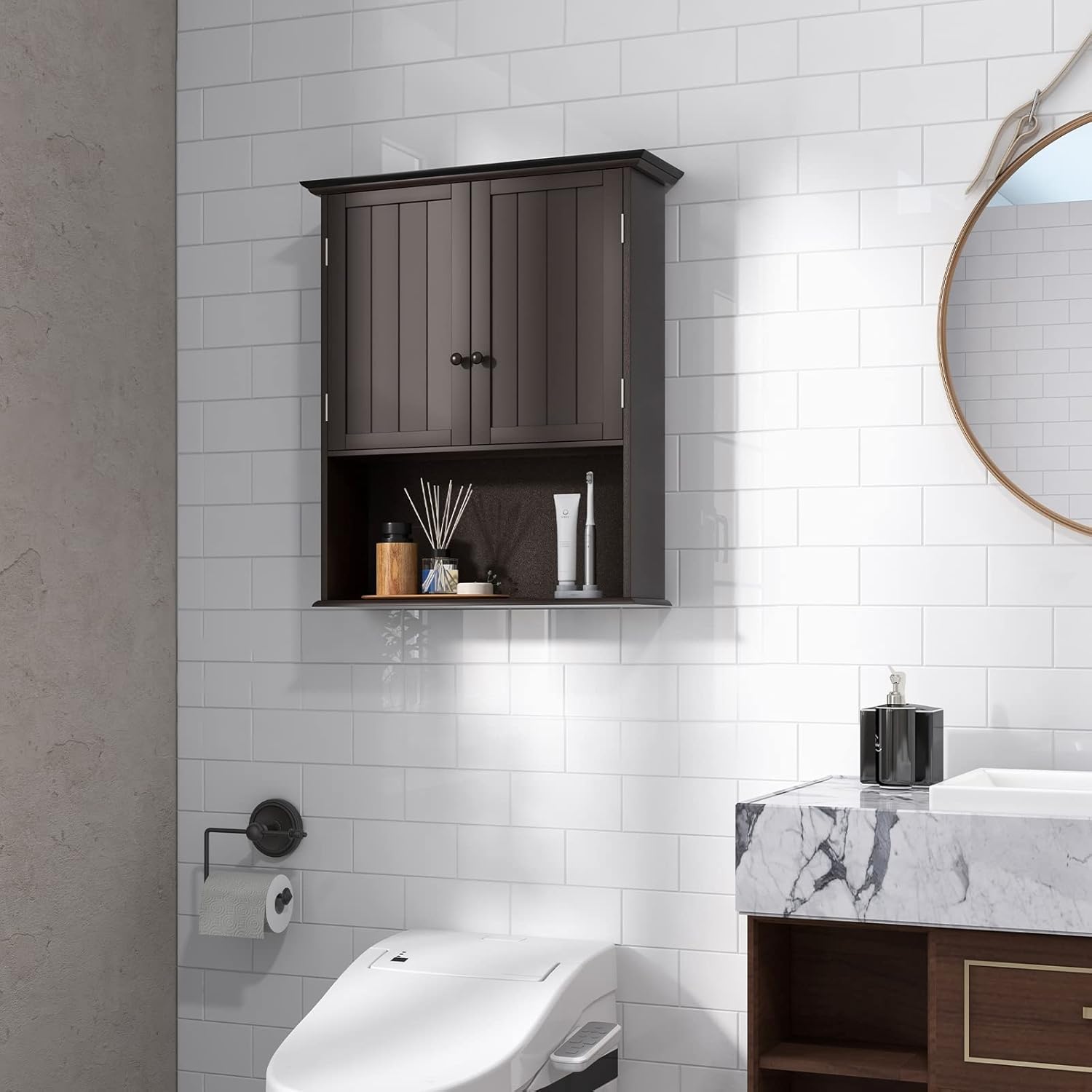 Armario de almacenamiento de baño montado en la pared, ahorro de espacio de madera sobre el inodoro con 2 puertas y estante ajustable, botiquines