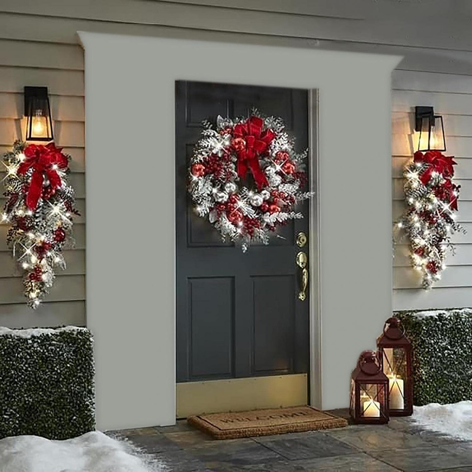 Corona navideña roja y blanca para puerta delantera, guirnalda de Navidad inalámbrica para colgar en la pared, decoración de interiores y exteriores