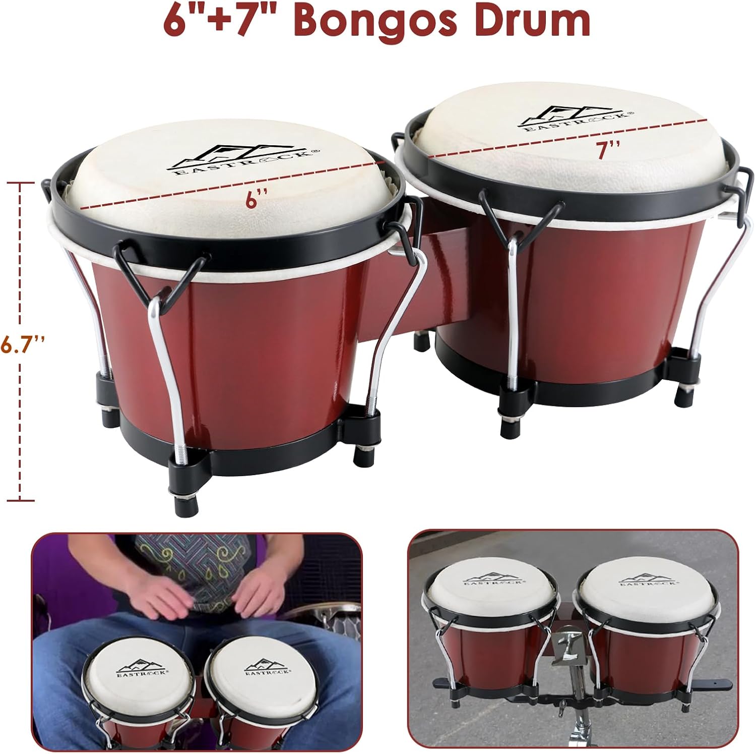 EASTROCK Bongo – Juego de bongos de 6 y 7 pulgadas para adultos, niños, principiantes, profesionales, instrumentos de percusión de madera y metal