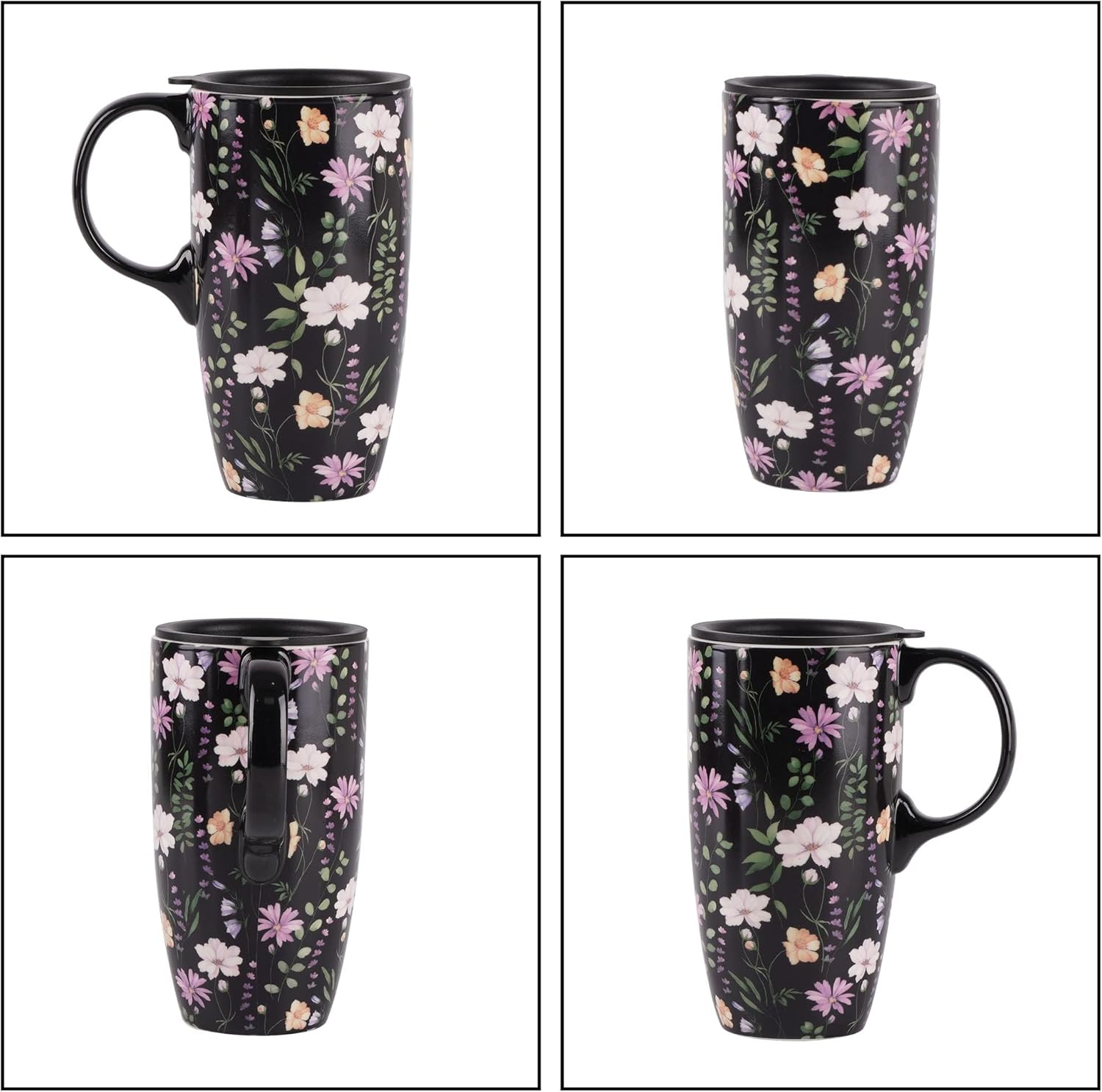 DUSVALLY Taza de café de cerámica taza de café con tapa Taza de té de porcelana con mango 500ML17OZ.,Negro