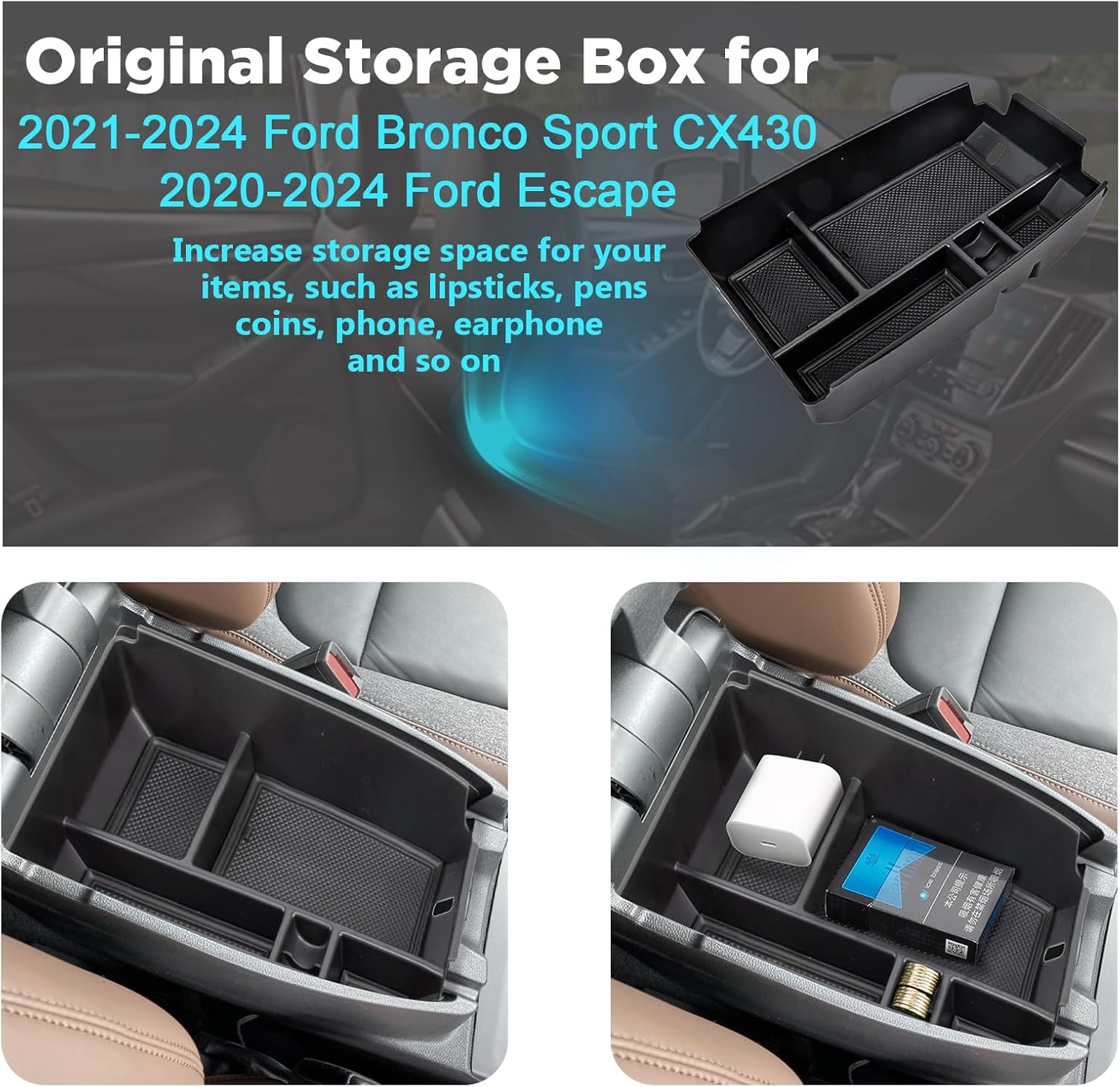 Carwiner Organizador de consola central para Ford Bronco Sport CX430 2020-2025 2020-2025 Ford Escape Tray Caja de almacenamiento, reposabrazos