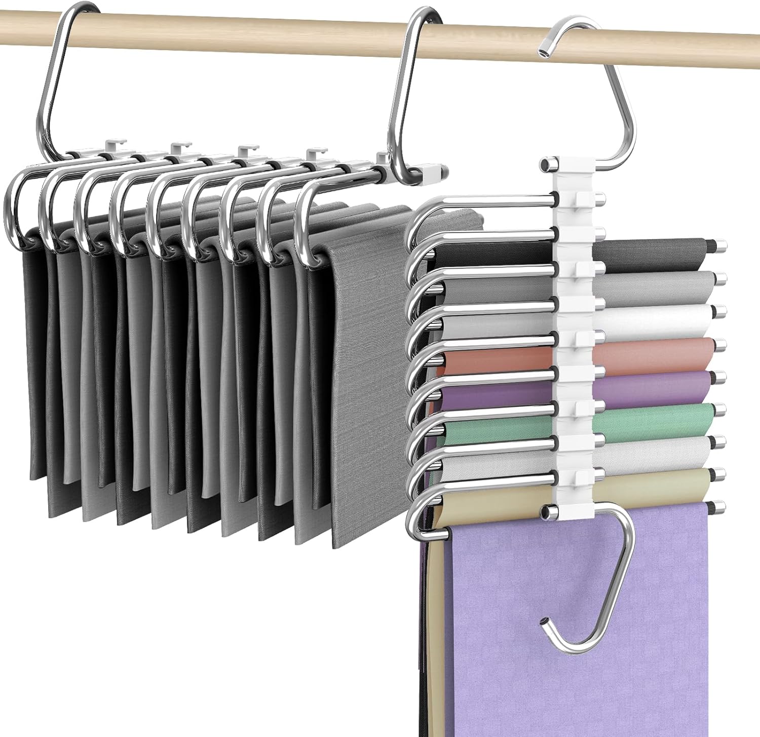 Perchas para pantalones de 9 capas que ahorran espacio, paquete de 2 perchas para jeans para armario, perchas de acero inoxidable para pantalones