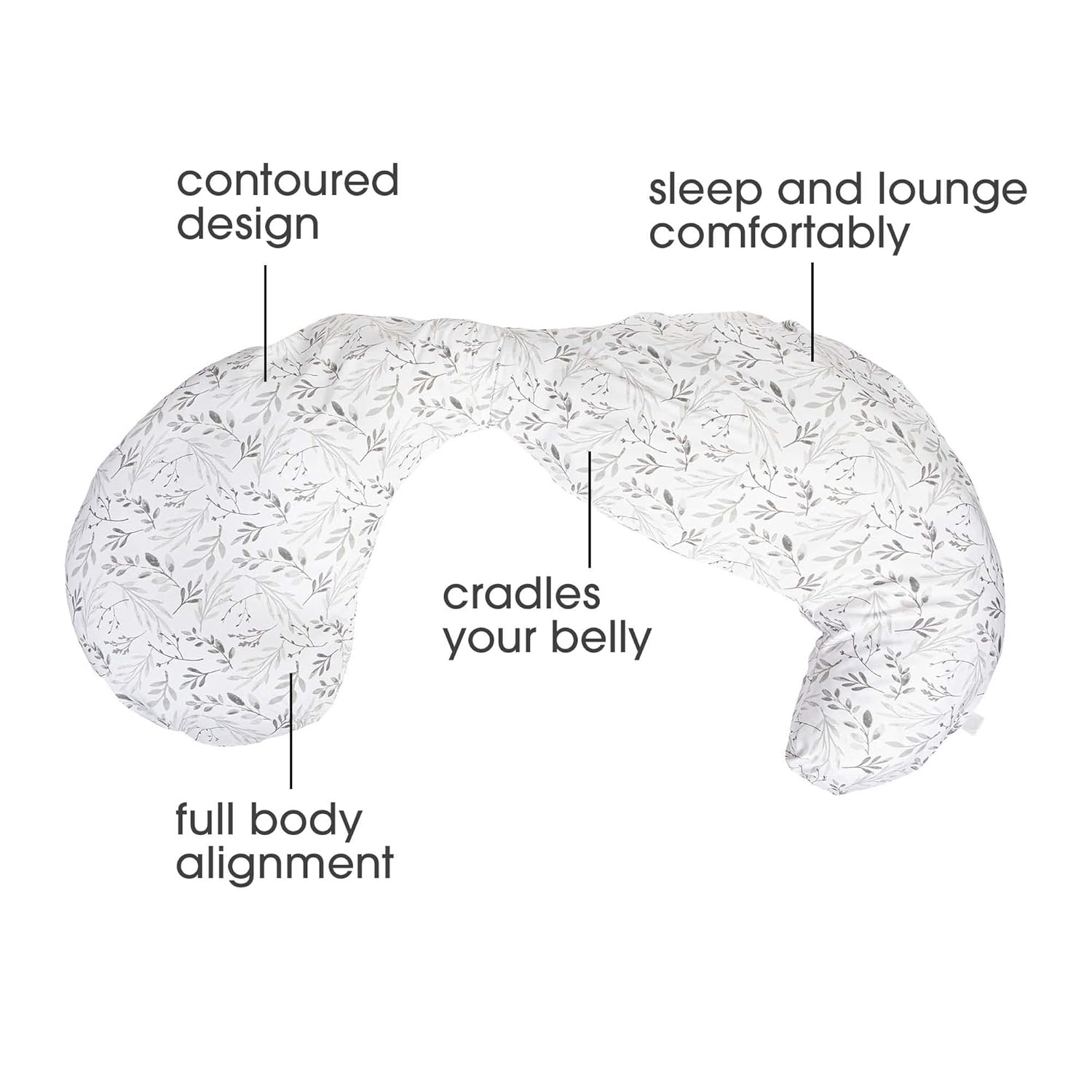 Boppy Almohada de embarazo de cuerpo total con funda de almohada extraíble fácil de poner en hojas grises dispersas y almohada de embarazo con funda