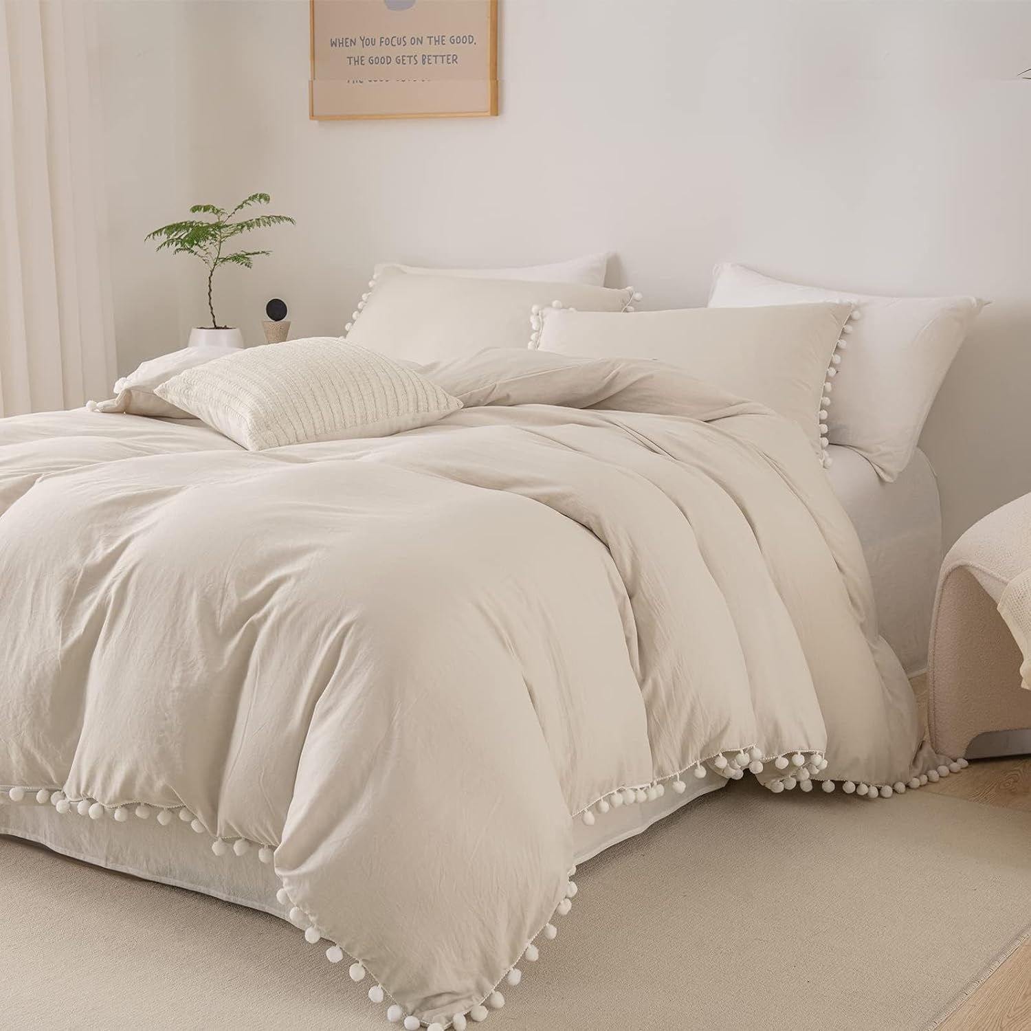 Bedbay Juego de edredón con pompones, color beige, bohemio, juego de ropa de cama para niños y niñas, juego de ropa de cama de microfibra ultra