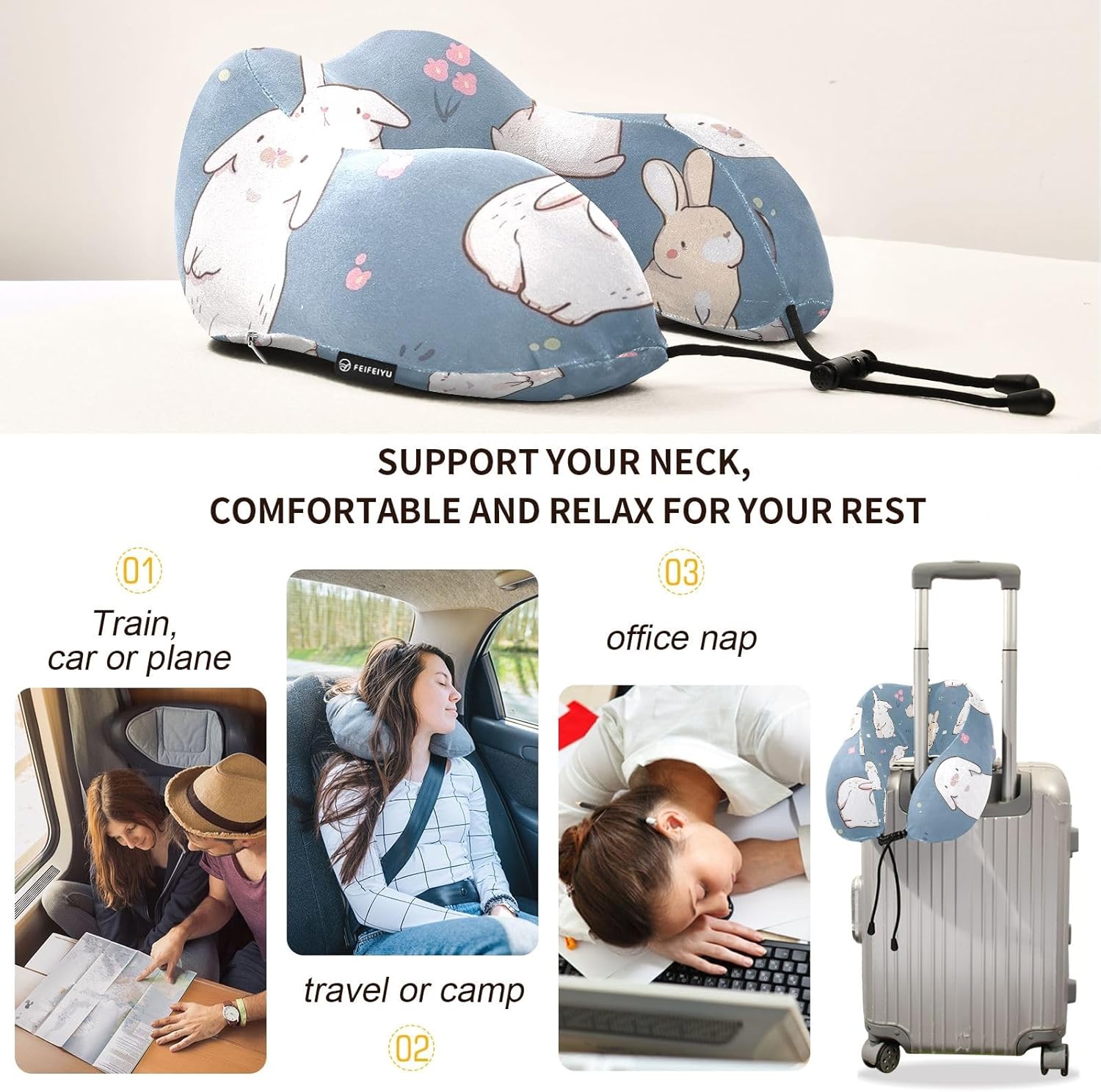 Almohada de cuello de viaje compacta y portátil con patrón de conejo, almohada para avión, con bolsa de almacenamiento con cordón
