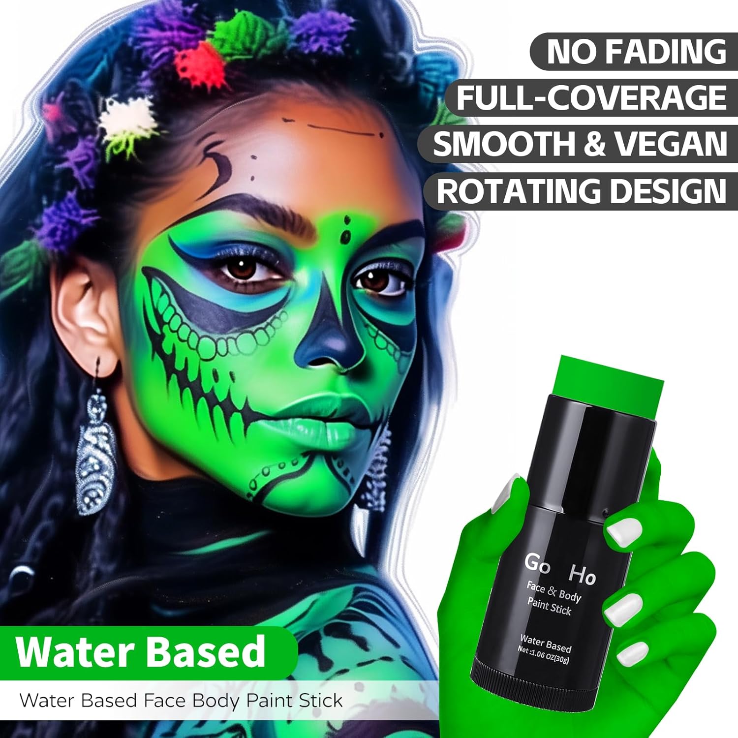 Go Ho Pintura facial verde Tiendaas, barra de maquillaje facial lavable a base de agua, no tóxica de cobertura completa, pintura corporal en crema
