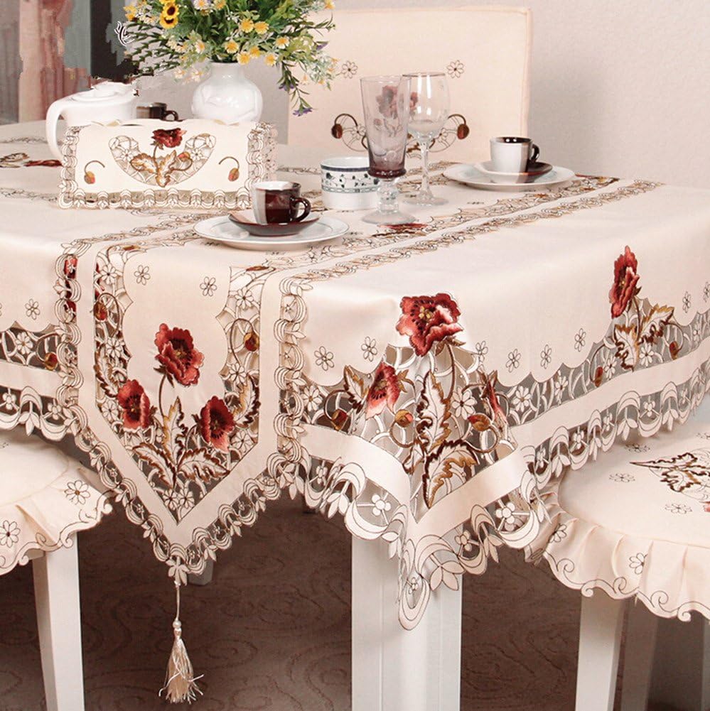 Judy Dre am Mantel bordado floral de rosas marrones, camino de mesa de café rústico de trabajo de corte, mantel de mesa beige con flores lavables,