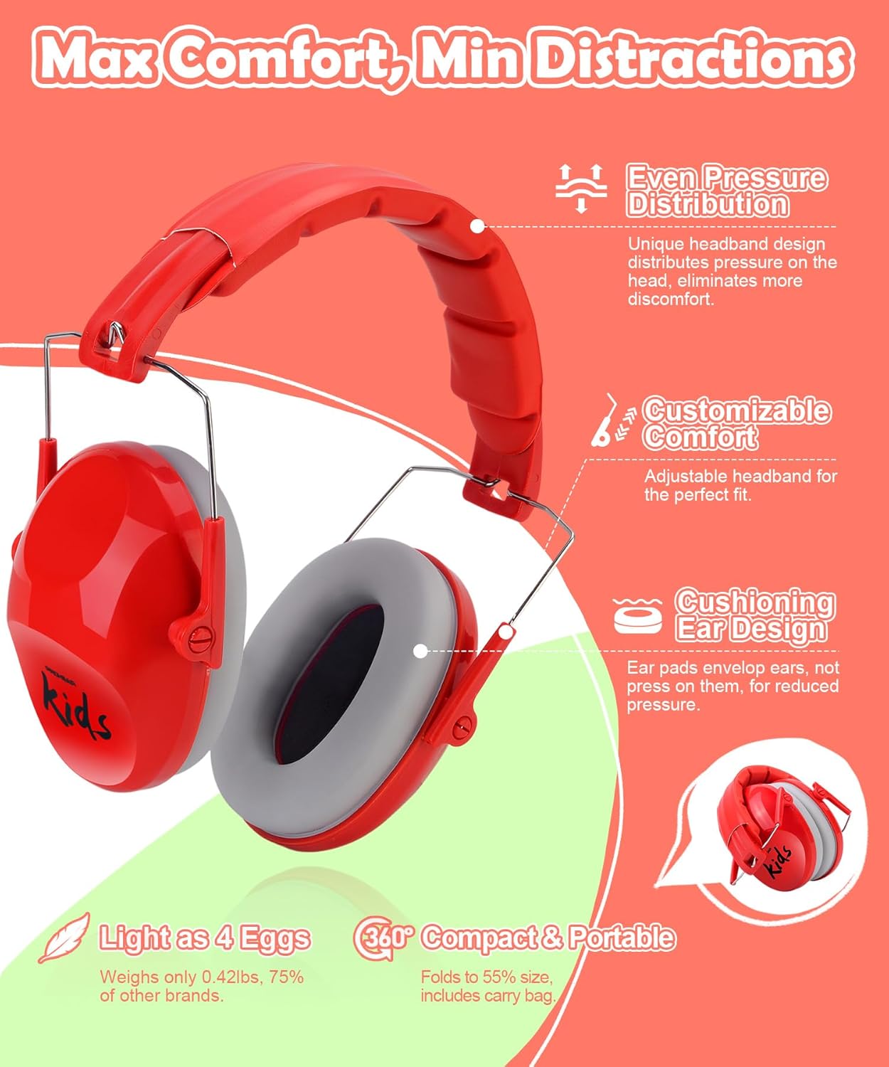 PROHEAR 032 2.0 Auriculares con cancelación de ruido para niños, reducción de ruido de 25 dB, orejeras sensoriales ajustables de protección de oídos