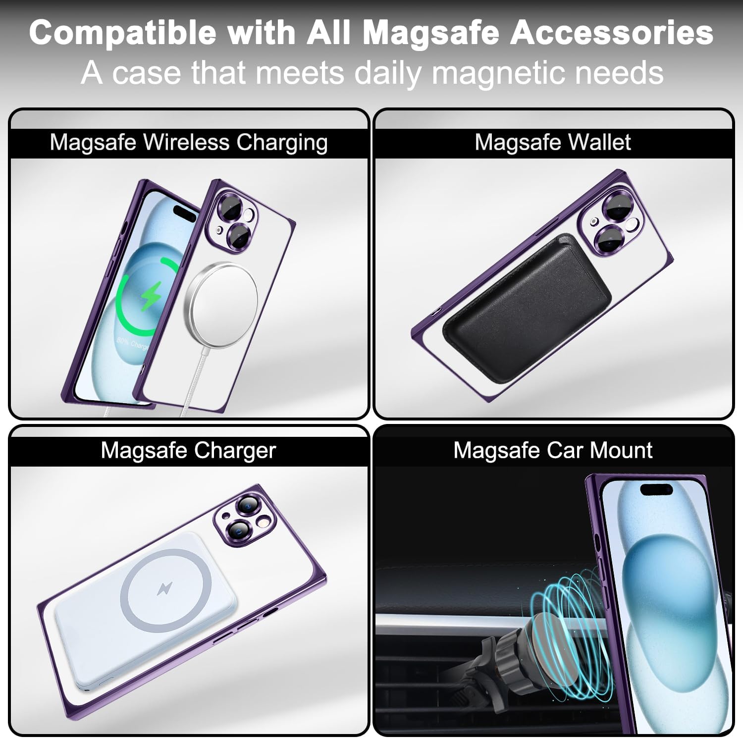 Magsafe – Funda magnética cuadrada transparente compatible con Magsafe sin amarillamiento y protector de lente de cámara delgada y a prueba de