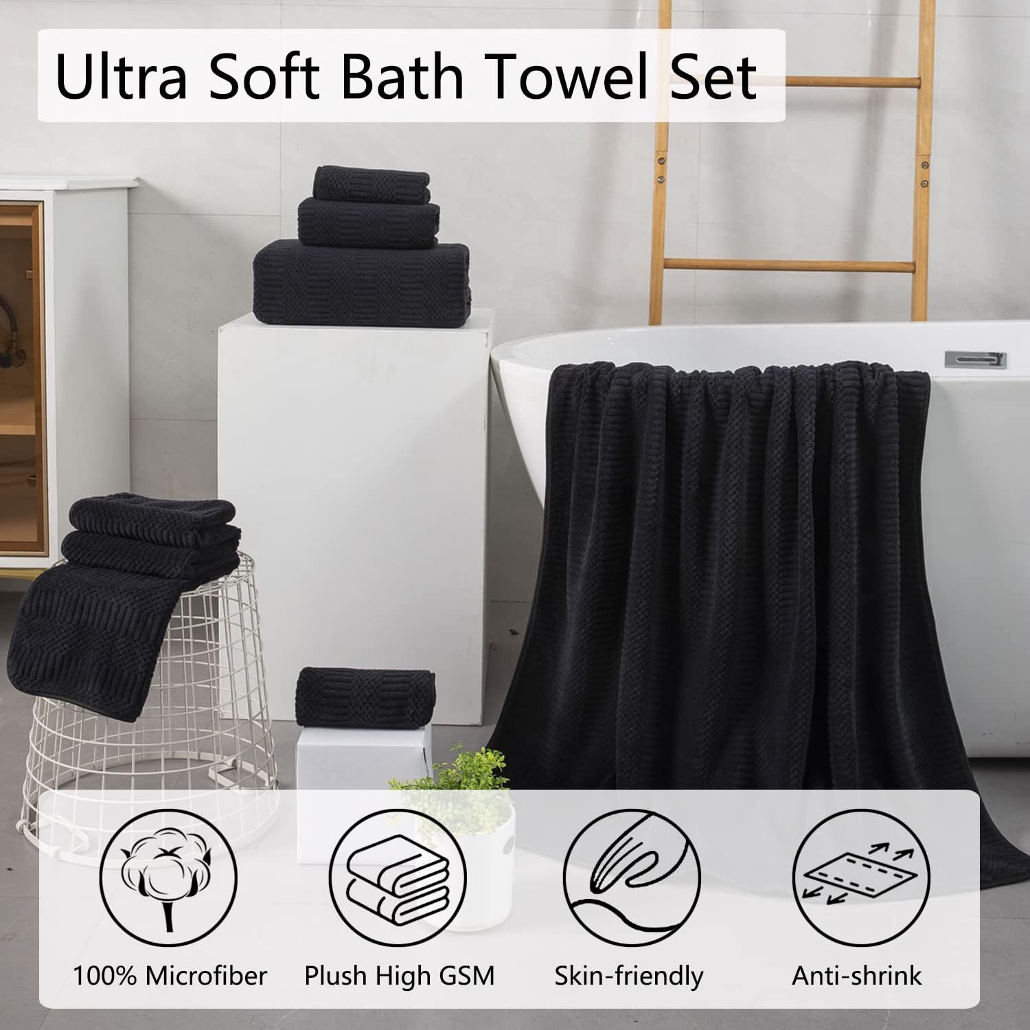 Juego de 4 toallas de baño grandes de 35 x 70 pulgadas, color negro, extra grandes, toallas jumbo de 600 GSM, suaves, altamente absorbentes, de