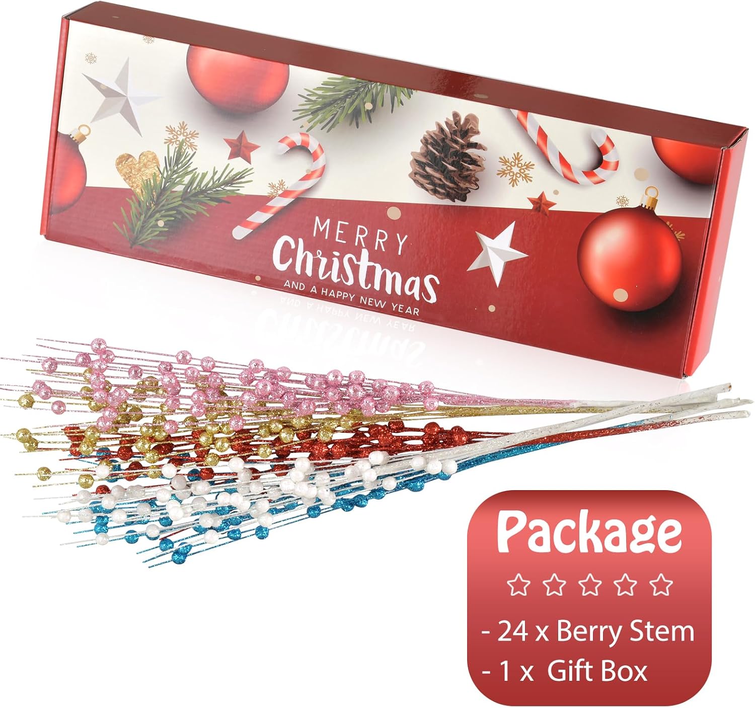 Christmas Artificial Glitter Berry Stem Decorations Decorative Bead Sticks Xmas Picks Glittery Twigs Branches for Christmas Tree Wreath Gift Vase
