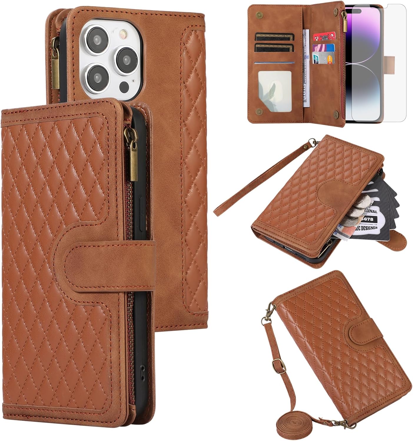 Asuwish Funda compatible con iPhone 15 Pro de 6.1 pulgadas, protector de pantalla, correa de muñeca cruzada, tarjetero con cremallera, funda para