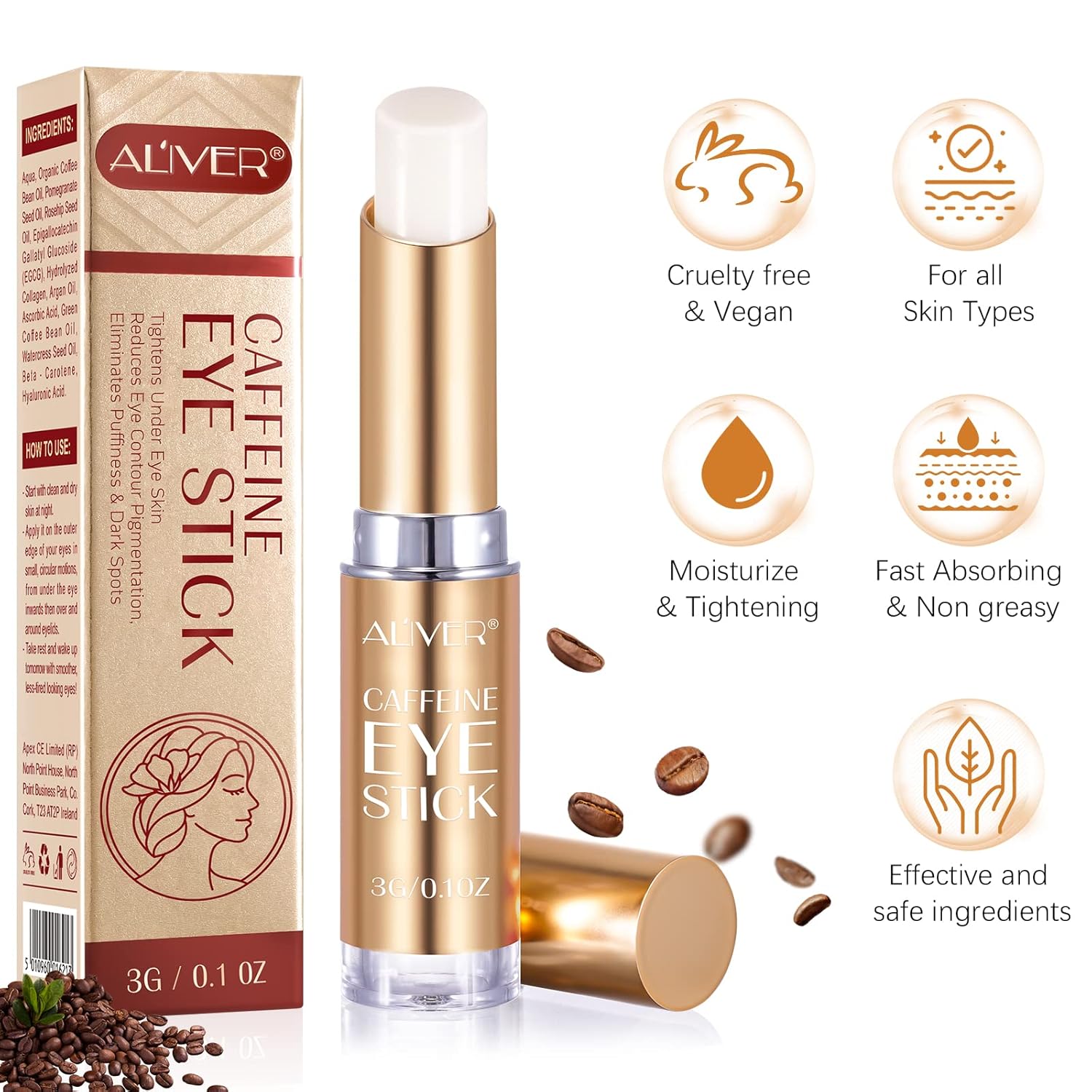 Barra de ojos con cafeína, reduce la hinchazón de los ojos y las ojeras, difumina las líneas finas, incluye cafeína, ácido hialurónico, vitamina C,