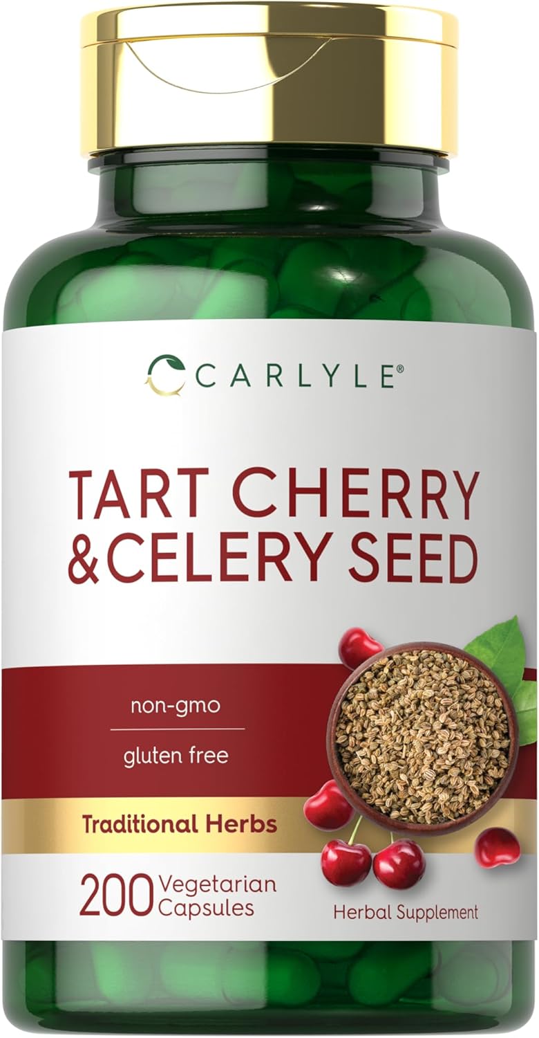 Carlyle Suplemento de semillas de apio y cereza agria  200 cápsulas  Vegetariano, sin OMG y sin gluten
