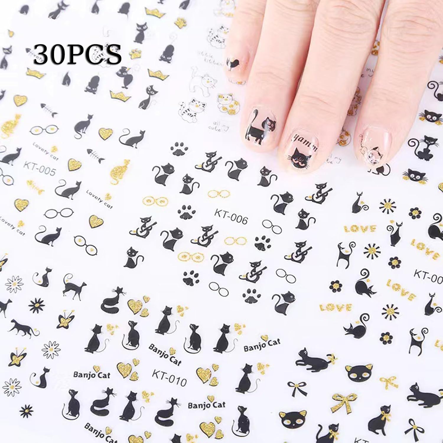 30 hojas de calcomanías de arte de uñas de gato negro, autoadhesivas, 3D, diseños de uñas de Halloween, lindos corazones de dibujos animados,
