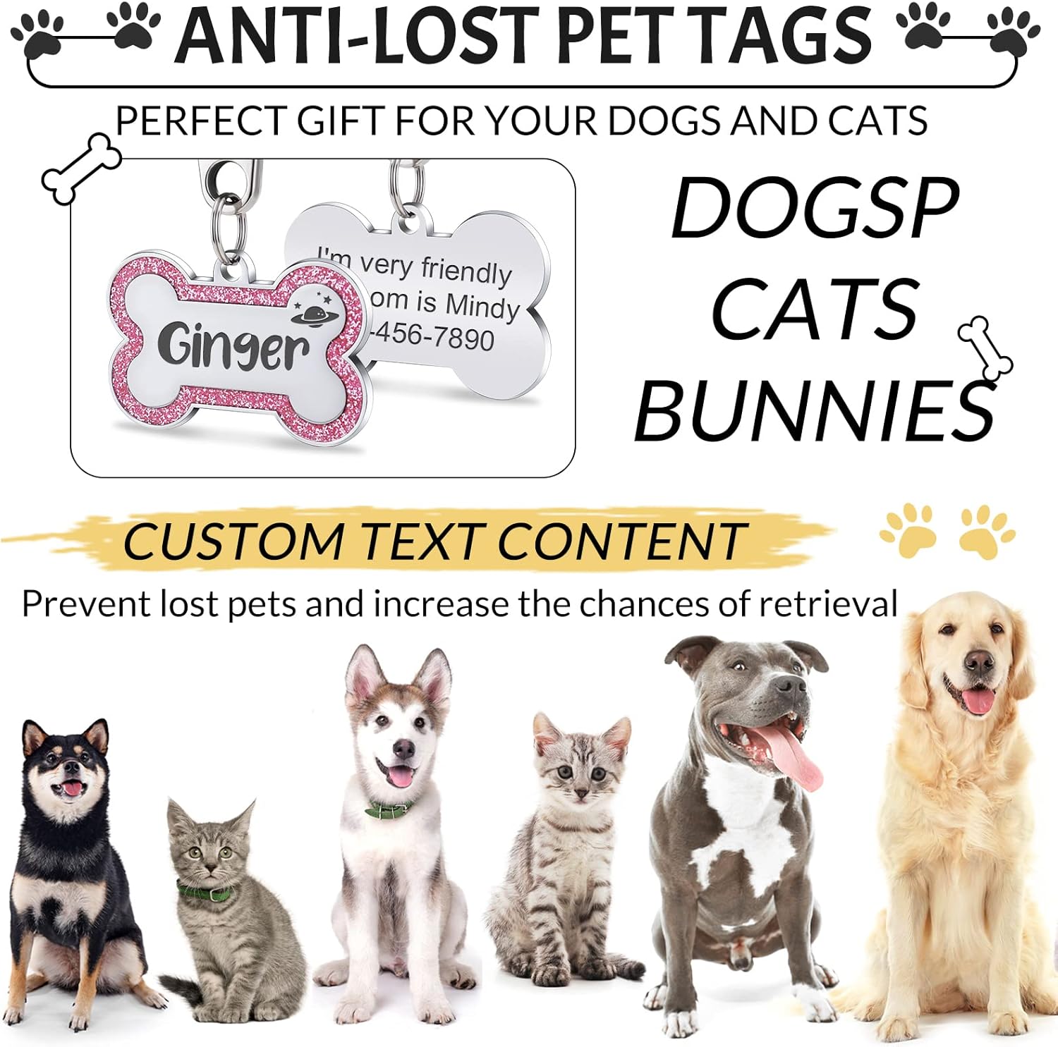 Etiquetas de identificación personalizadas grabadas para mascotas, grabadas personalizadas, fáciles de leer, etiquetas de identificación