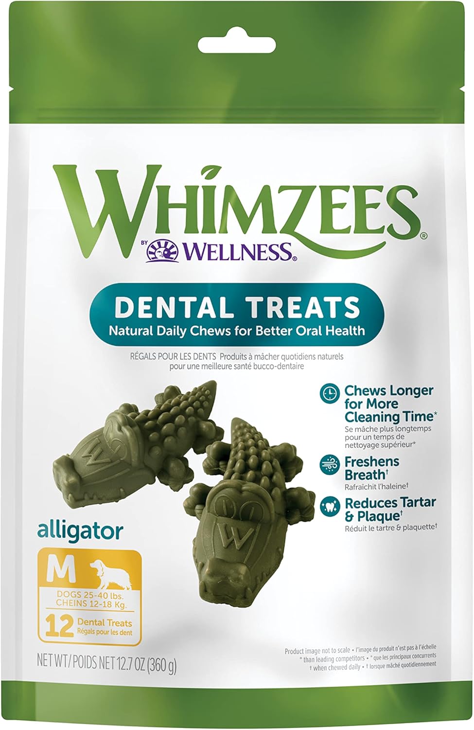 WHIMZEES by Wellness Alligator – Masticables dentales naturales para perros, golosinas de larga duración, sin granos, refresca el aliento, raza