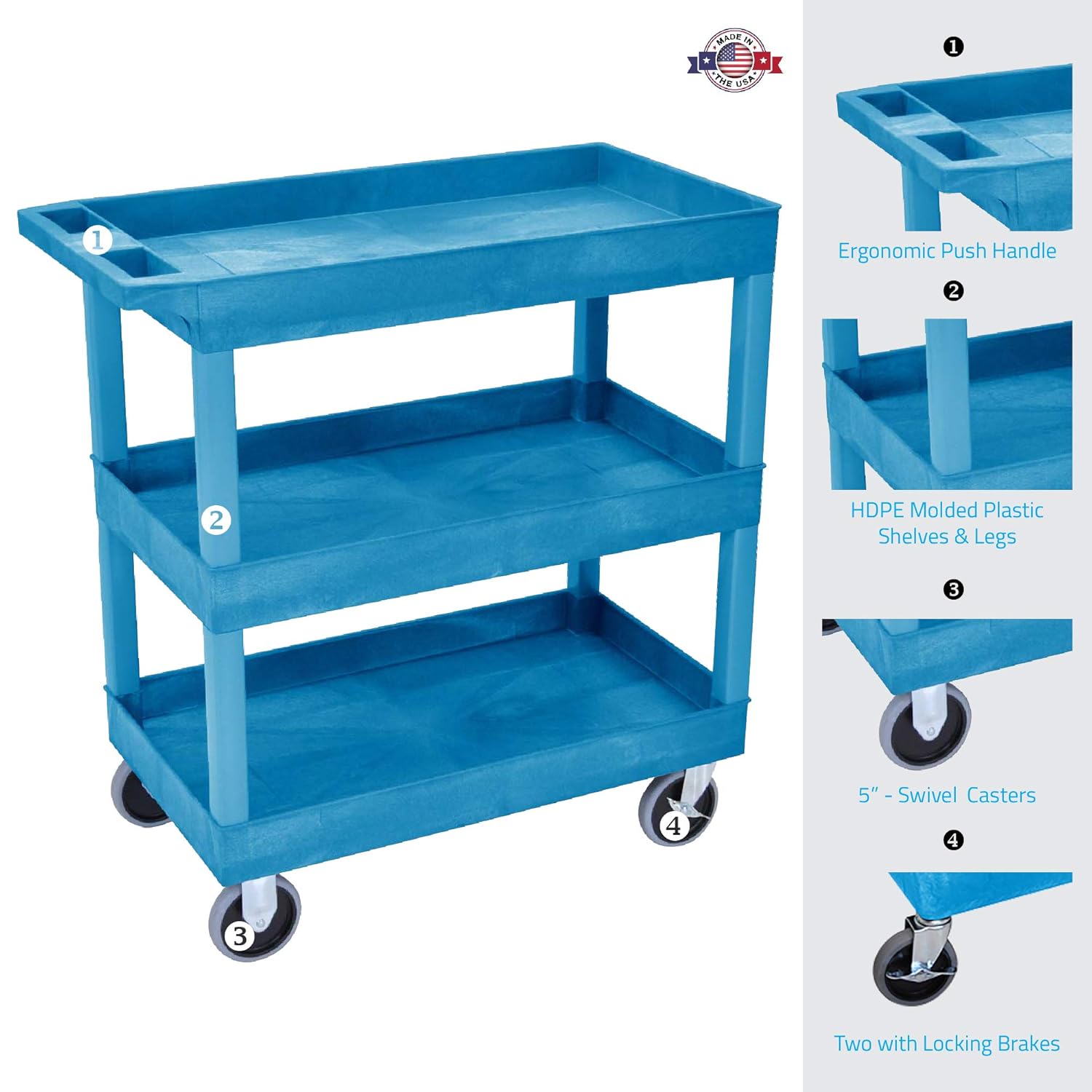 Luxor Carrito de bañera de alta capacidad resistente con tres estantes con asa, 18 pulgadas de profundidad x 35.25 pulgadas de ancho x 37.25