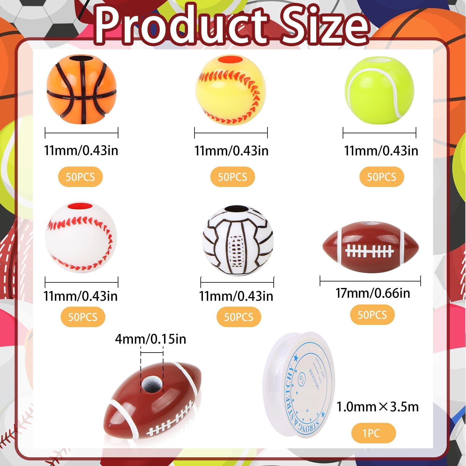 300 cuentas deportivas para hacer joyas, cuentas deportivas acrílicas a granel, béisbol, baloncesto, voleibol, softbol, fútbol, tenis, cuentas con