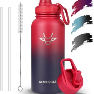 STACEGEELE Botella de agua aislada de 32 onzas con pajilla, botella de agua de acero inoxidable 188 con 2 tapas, botella de agua de metal, termo STACEGEELE Botella de agua aislada de 32 onzas con pajilla, botella de agua de acero inoxidable 188 con 2 tapas, botella de agua de metal, termo