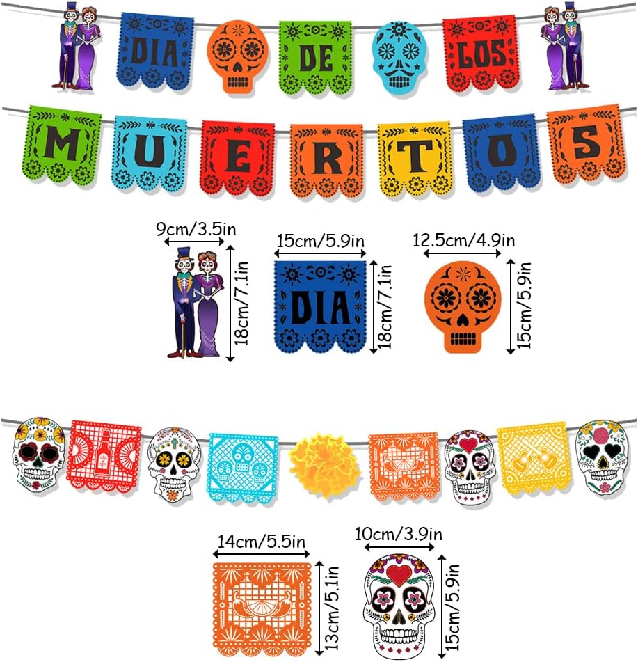 Decoraciones de fiesta mexicana, paquete de 3 pancartas y 6 espirales, colorido cartel de fiesta de fieltro, decoración del día de los muertos,