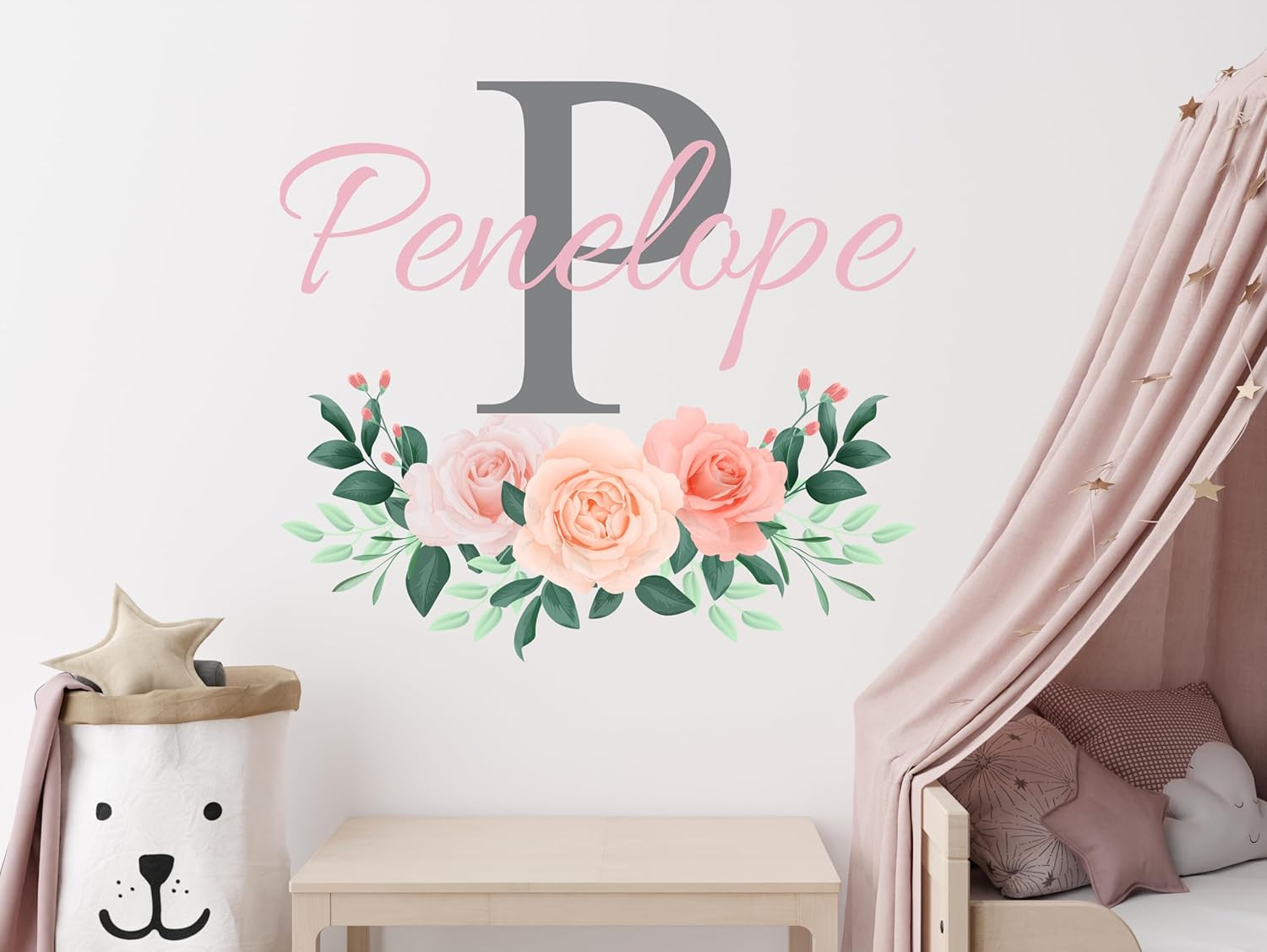CuteDecals Calcomanías de pared personalizadas con nombre y inicial de flores, decoración artística de peonías, calcomanías murales de niñas para