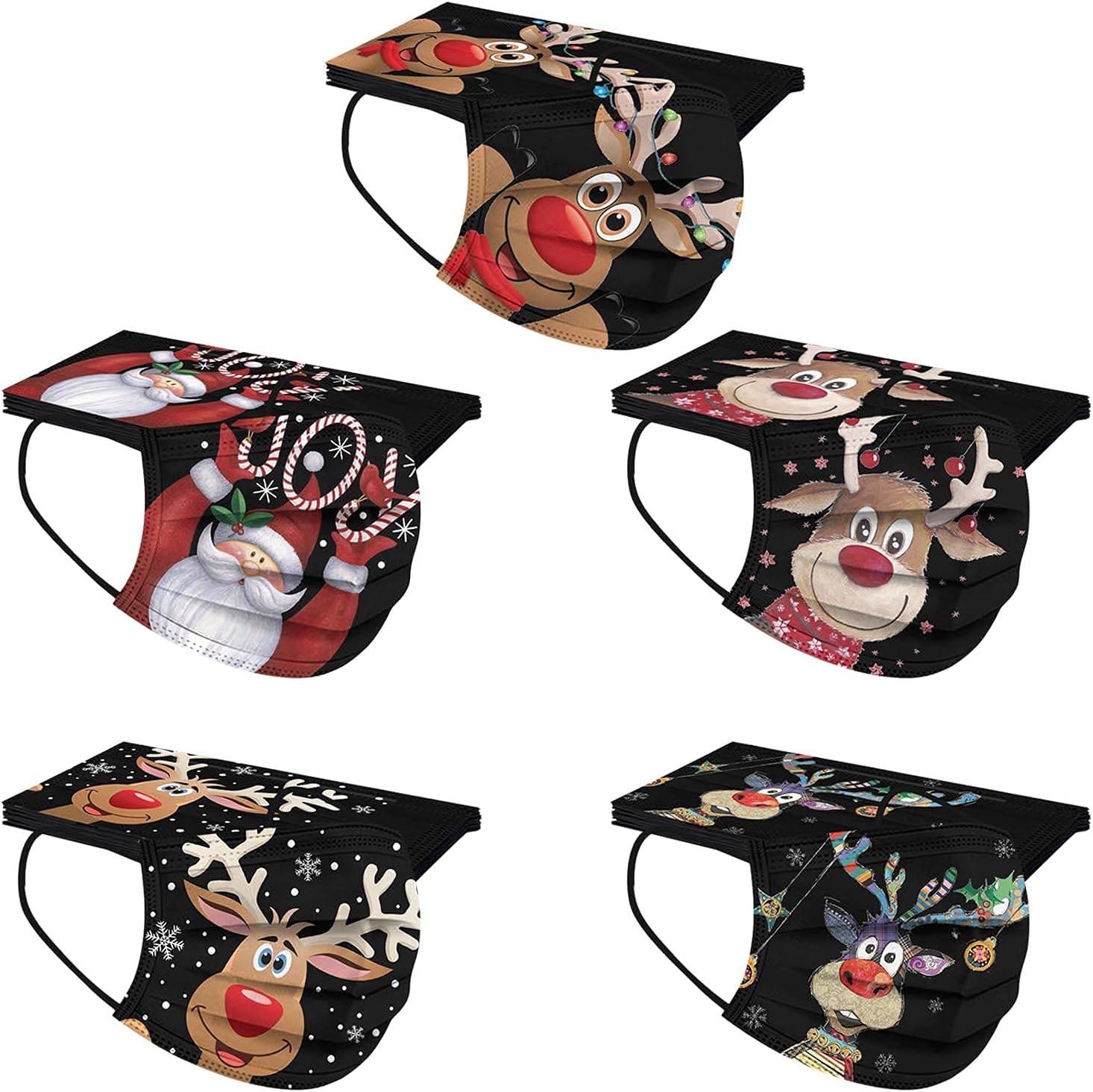 50 cubrebocas desechables de Navidad para adultos, 3 capas de protección, transpirables, desechables, con diseños de venados y Papá Noel.